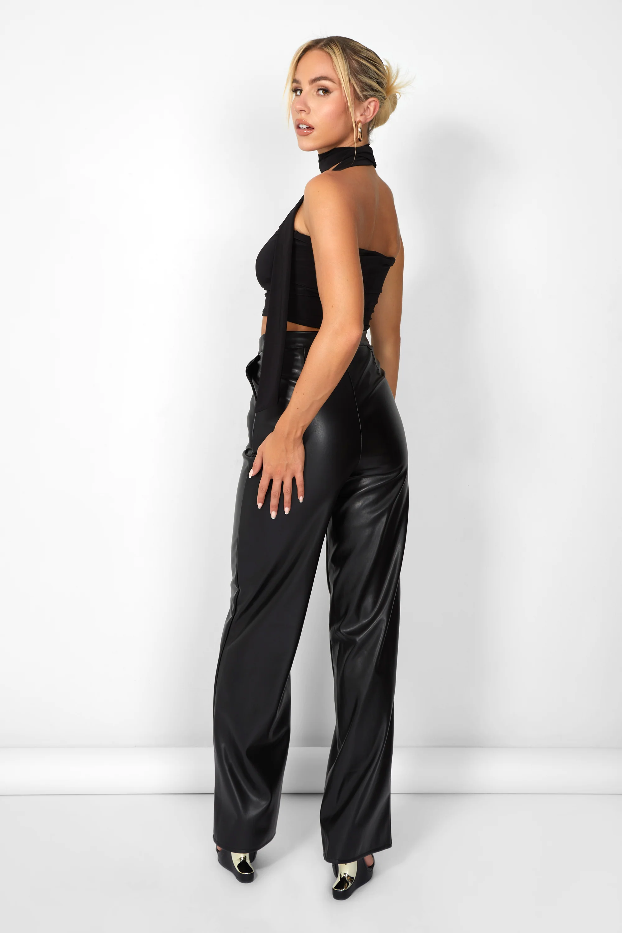 Kaiia Leather Look Wide Leg Trousers in Black - Image 3