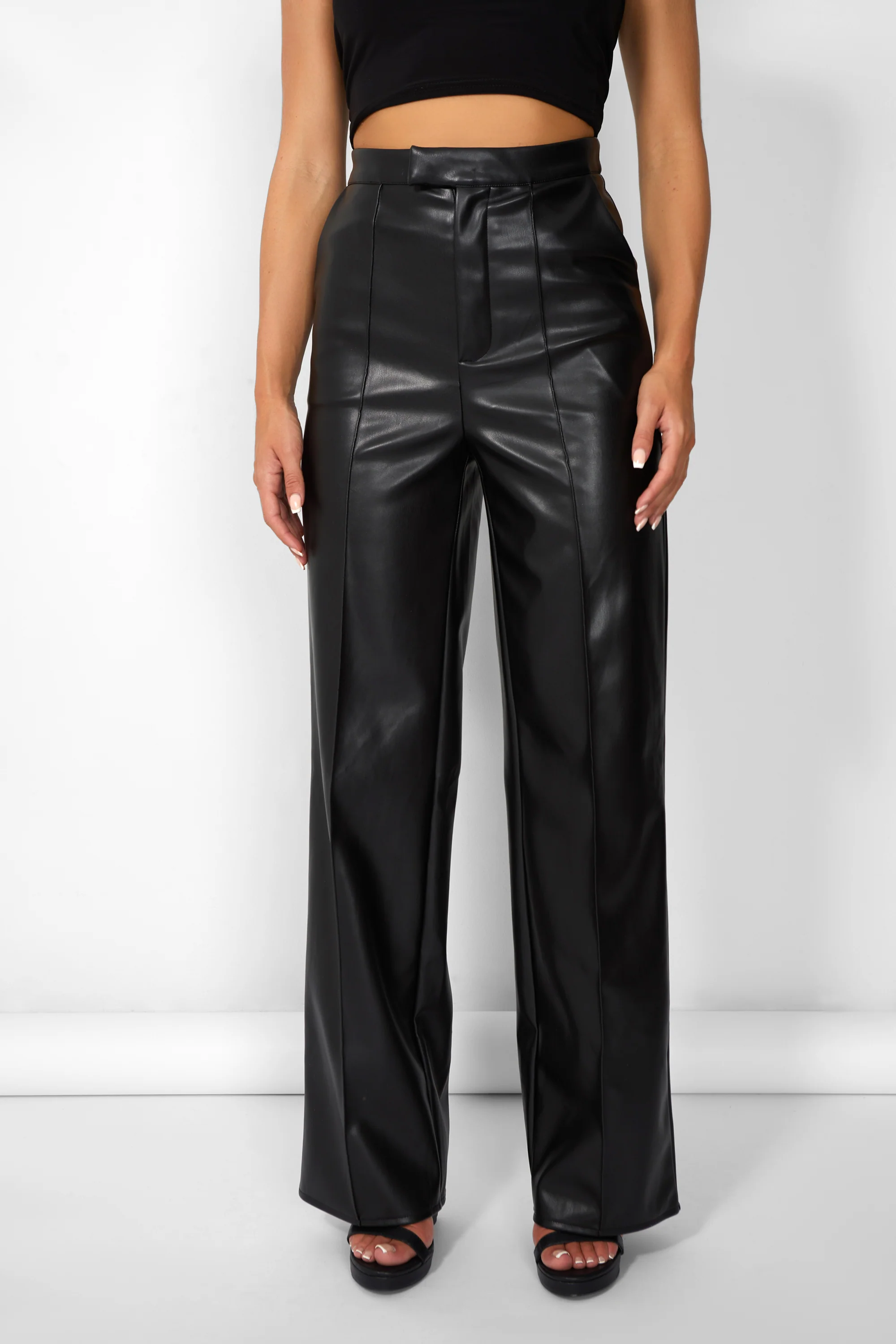 Kaiia Leather Look Wide Leg Trousers in Black - Image 5