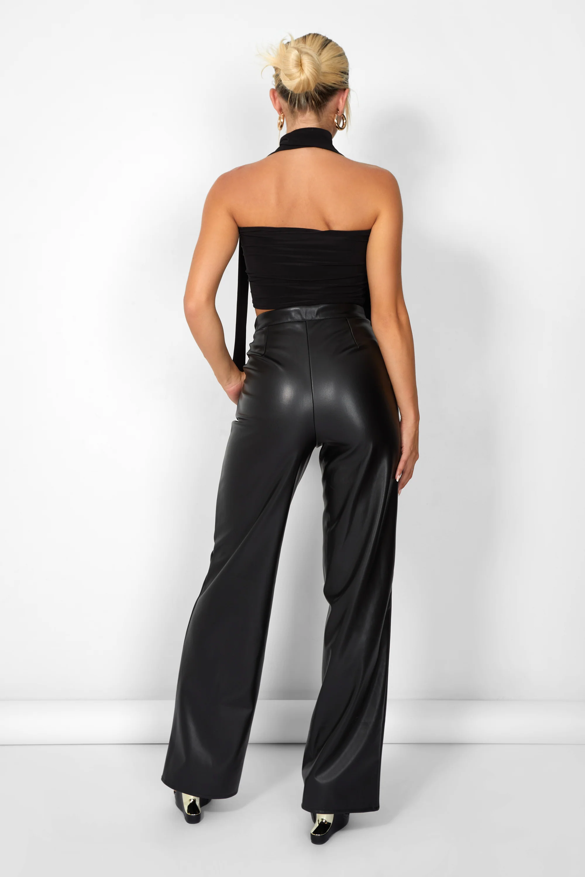 Kaiia Leather Look Wide Leg Trousers in Black - Image 7