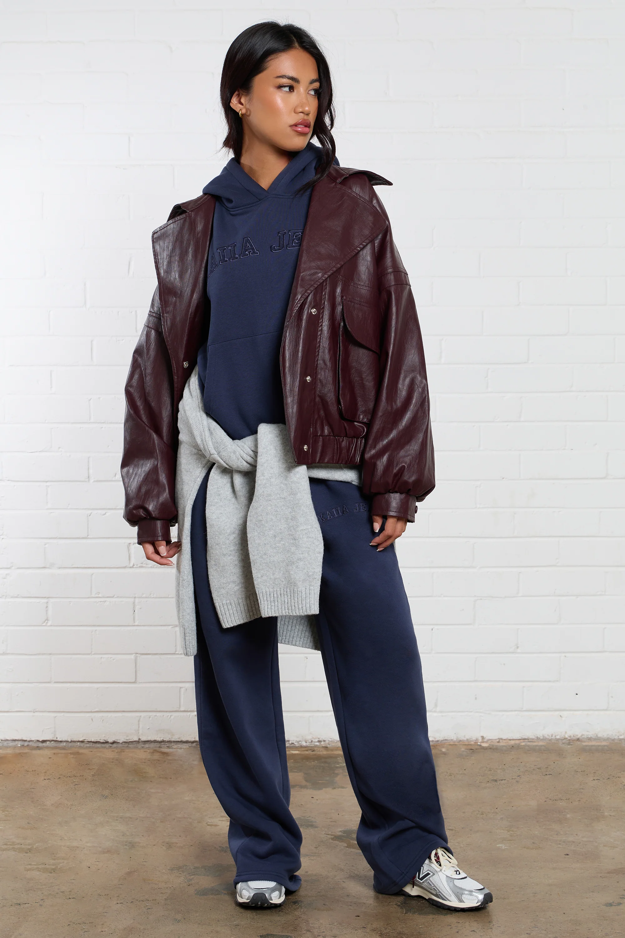 Kaiia Leather Pocket Detail Bomber Jacket Burgundy - Image 3