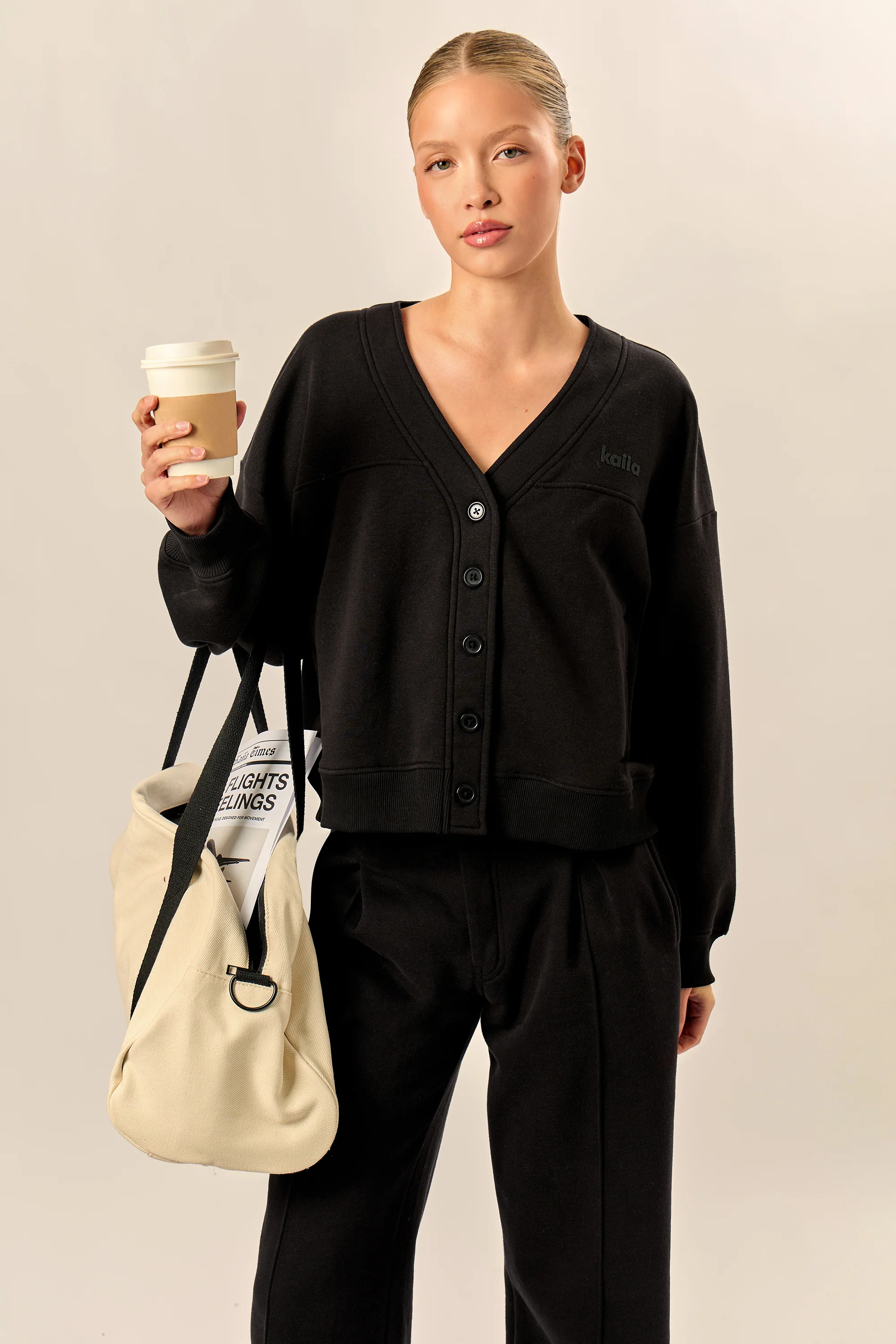 Kaiia Logo Button Down Oversized Sweat Cardigan Black