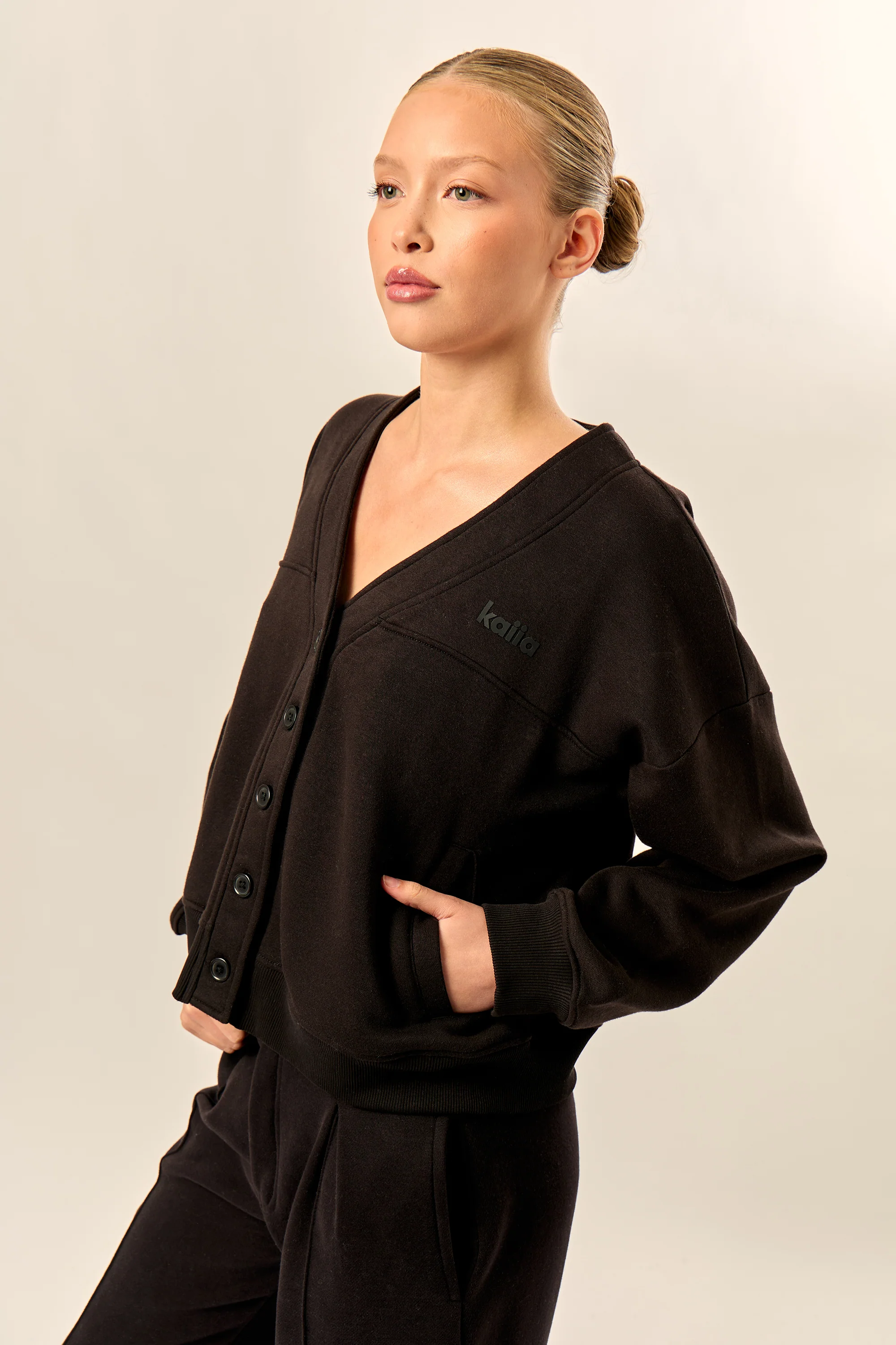 Kaiia Logo Button Down Oversized Sweat Cardigan Black - Image 2