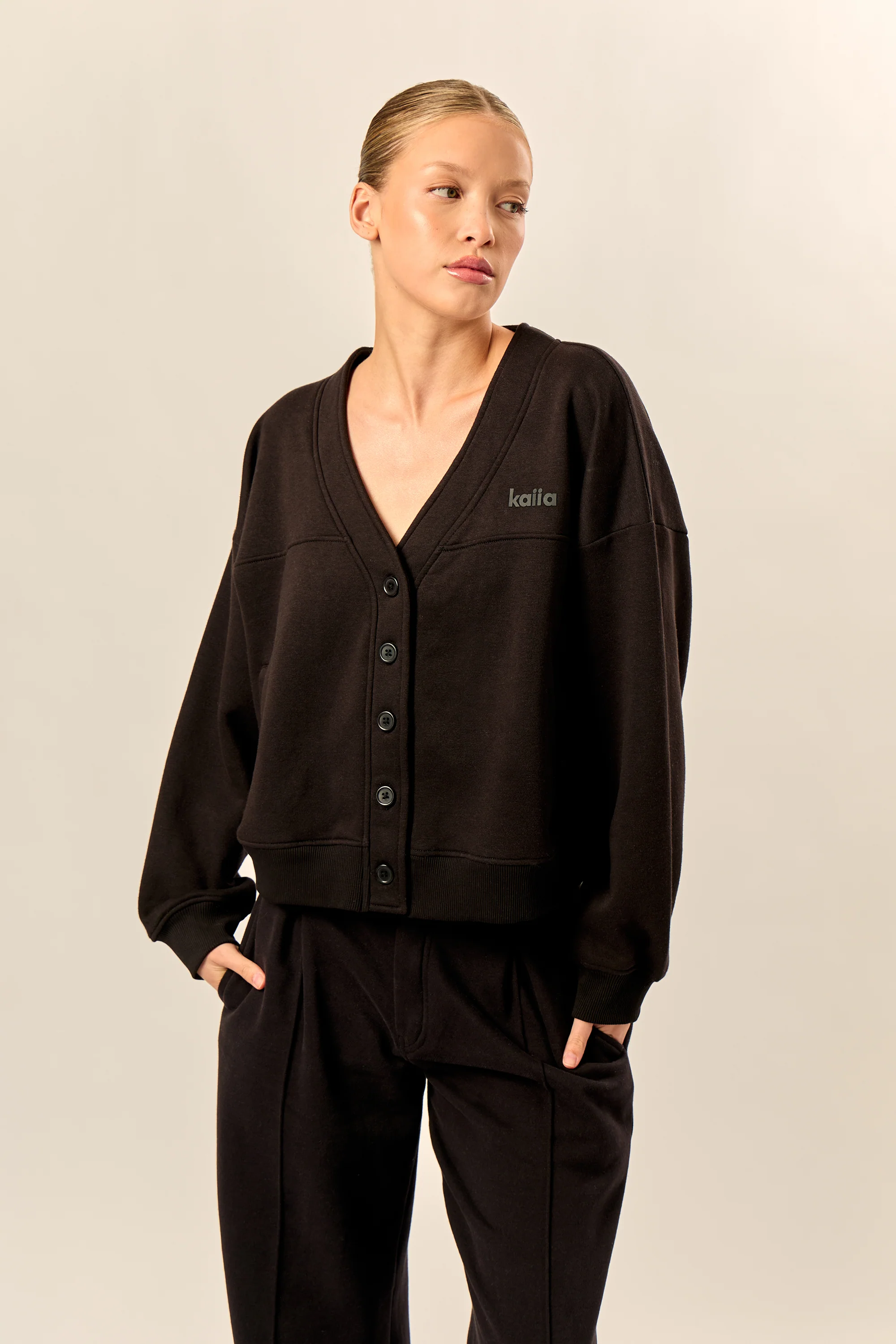 Kaiia Logo Button Down Oversized Sweat Cardigan Black - Image 5
