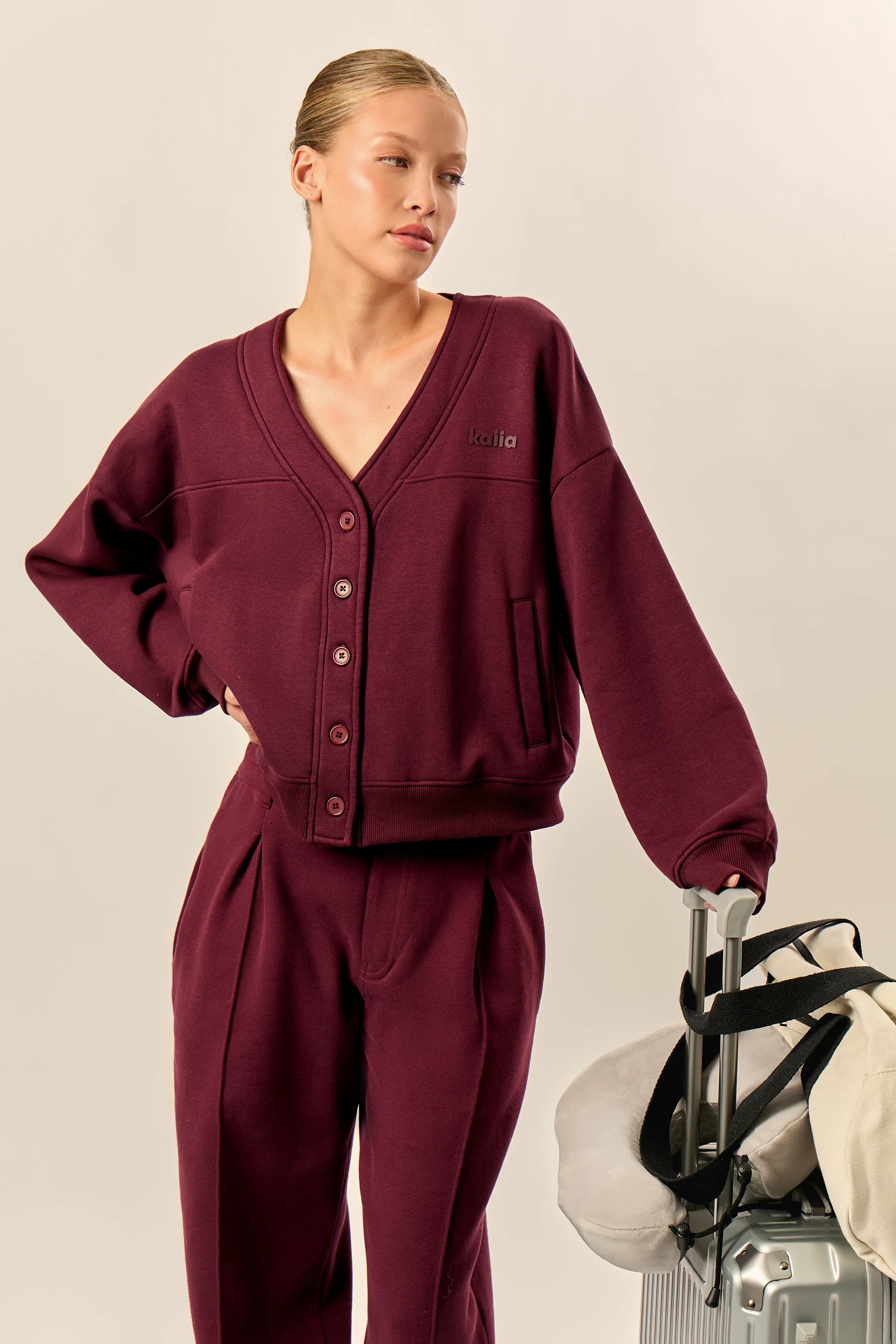 Kaiia Logo Button Down Oversized Sweat Cardigan Dark Cherry - Image 2