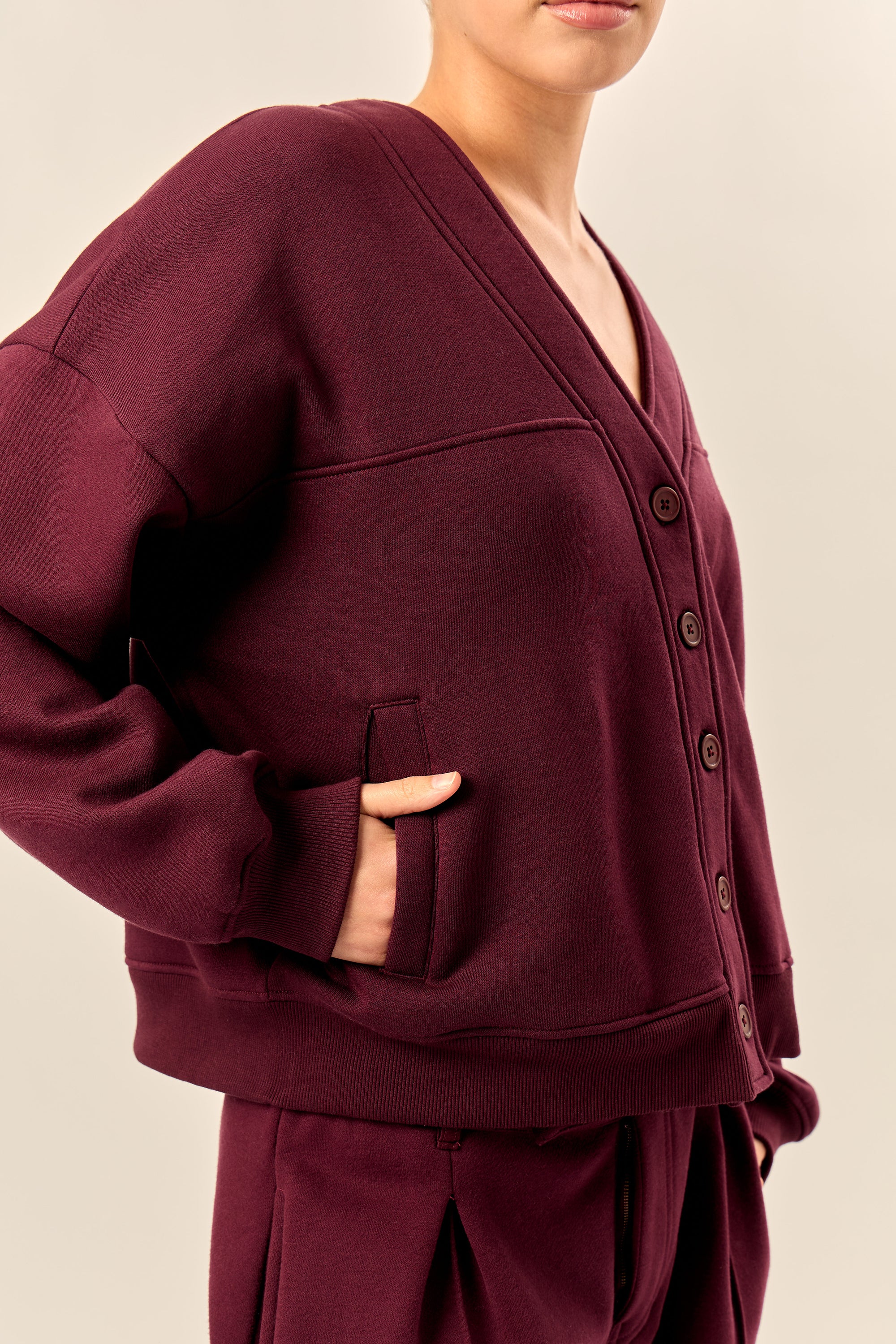 Kaiia Logo Button Down Oversized Sweat Cardigan Dark Cherry - Image 3