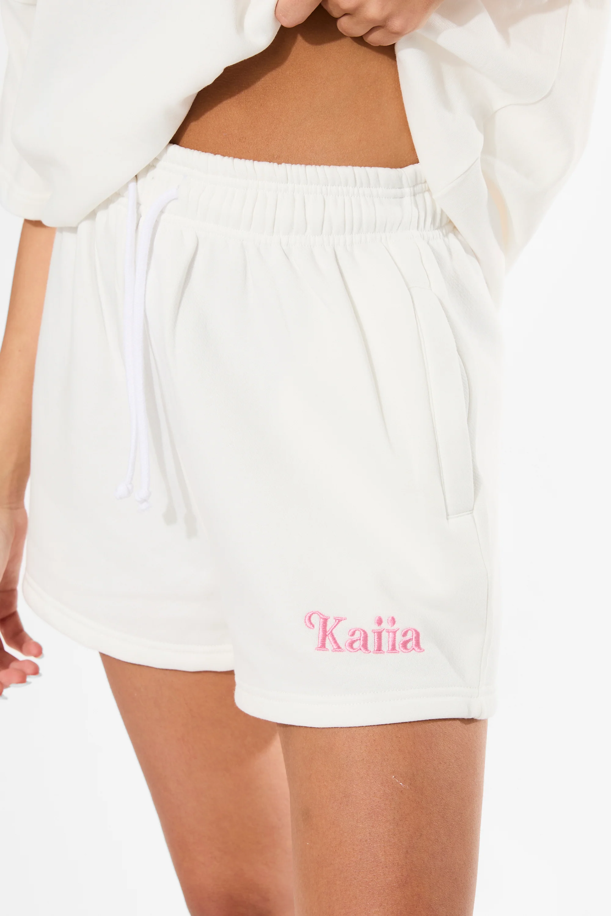 Kaiia Logo Mini Sweat Shorts White & Pink - Image 6