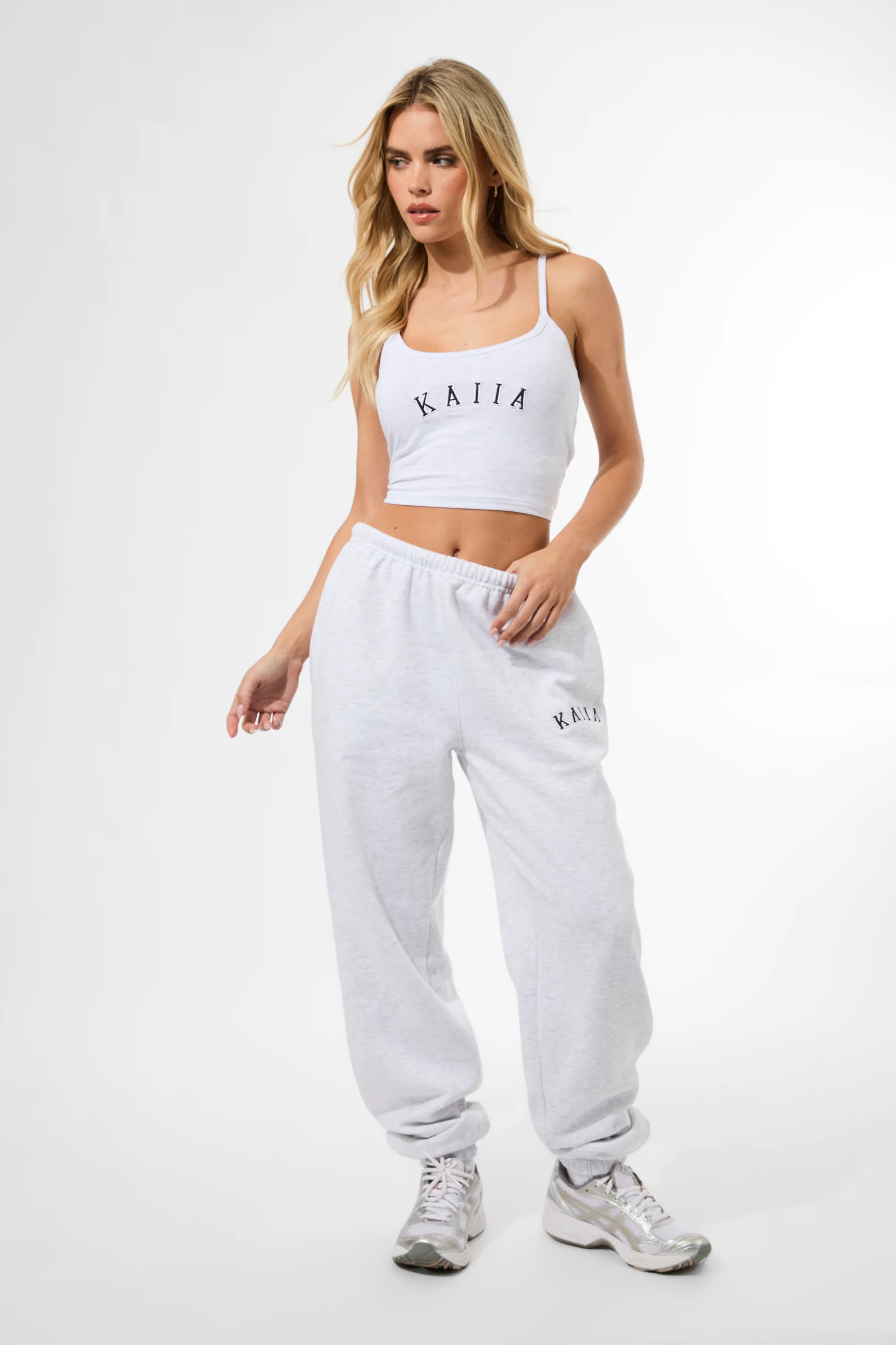 Kaiia Logo Cuffed Joggers Light Grey Marl & Navy - Image 7