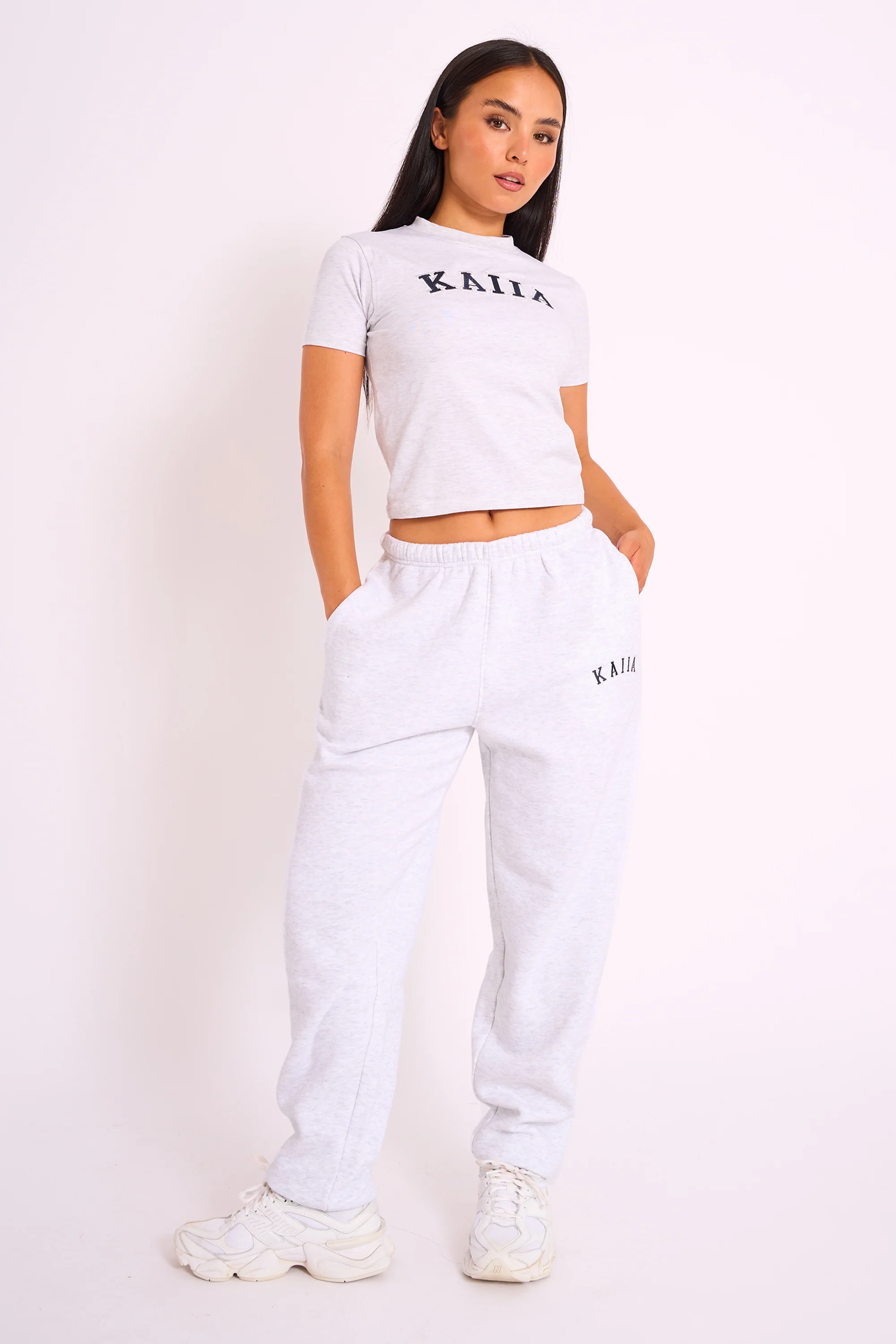 Kaiia Logo Cuffed Joggers Light Grey Marl & Navy - Image 8