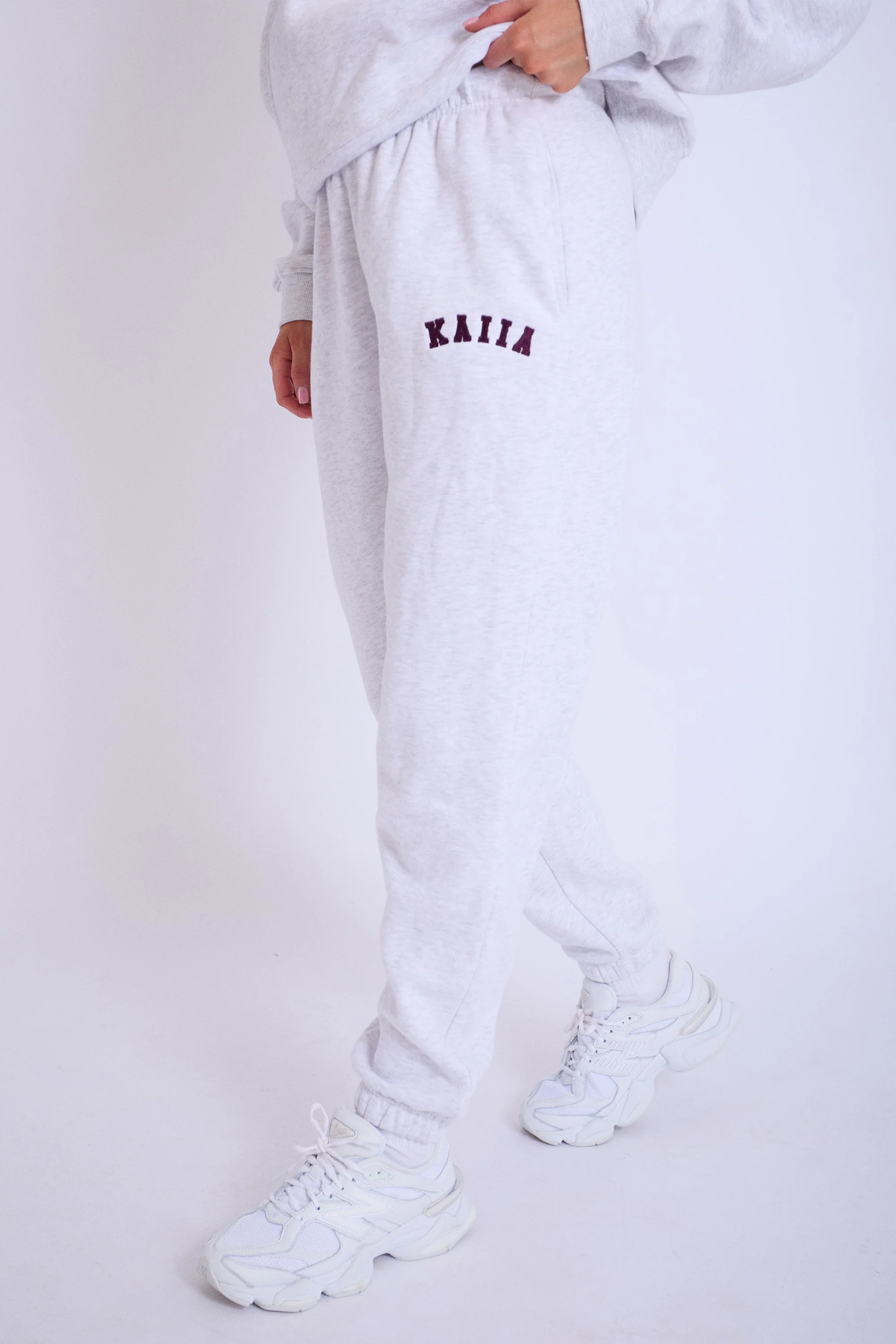 Kaiia Logo Cuffed Joggers Light Grey Marl With Burgundy - Image 2