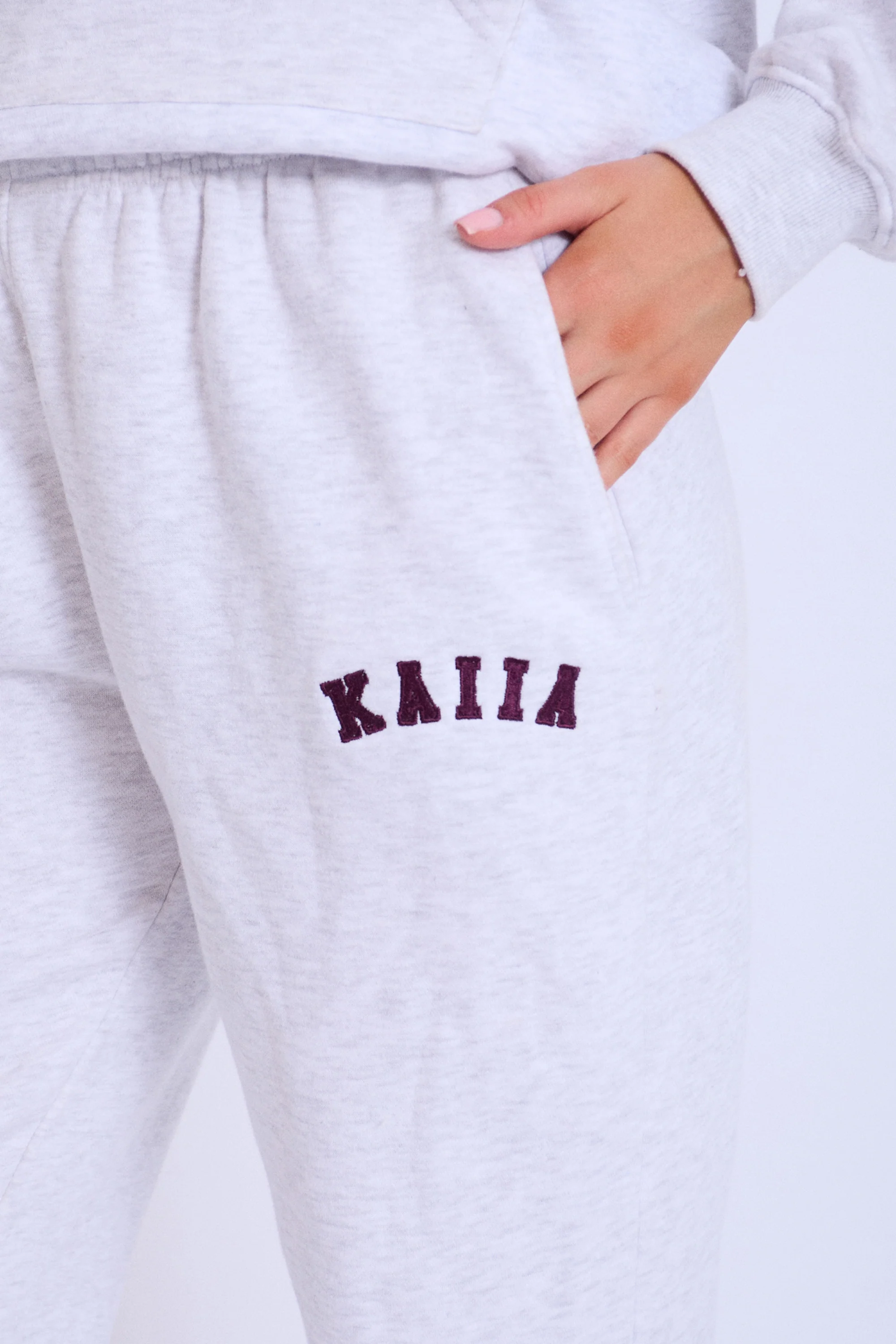 Kaiia Logo Cuffed Joggers Light Grey Marl With Burgundy - Image 3