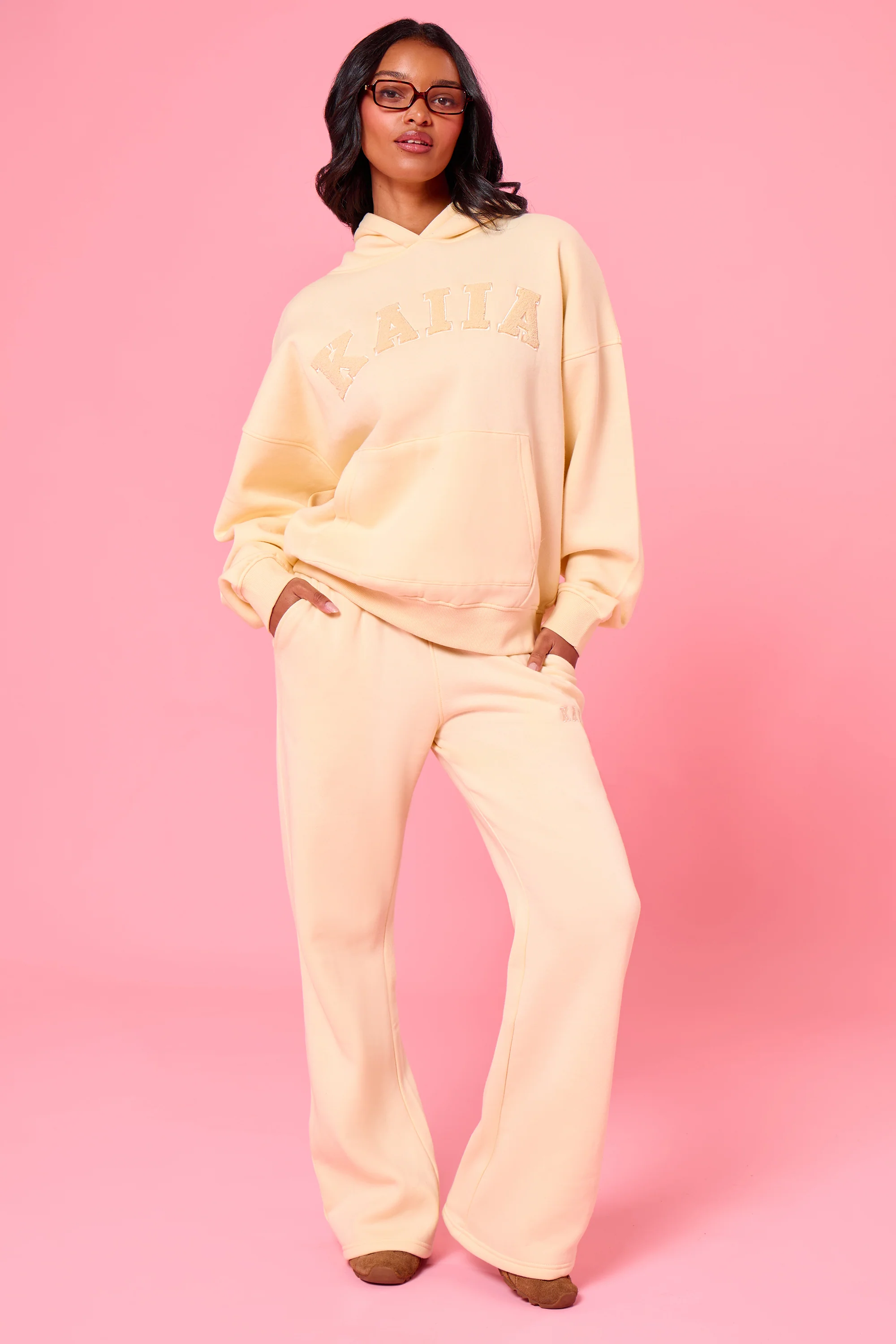 Kaiia Logo Flared Wide Leg Joggers Lemon - Image 5