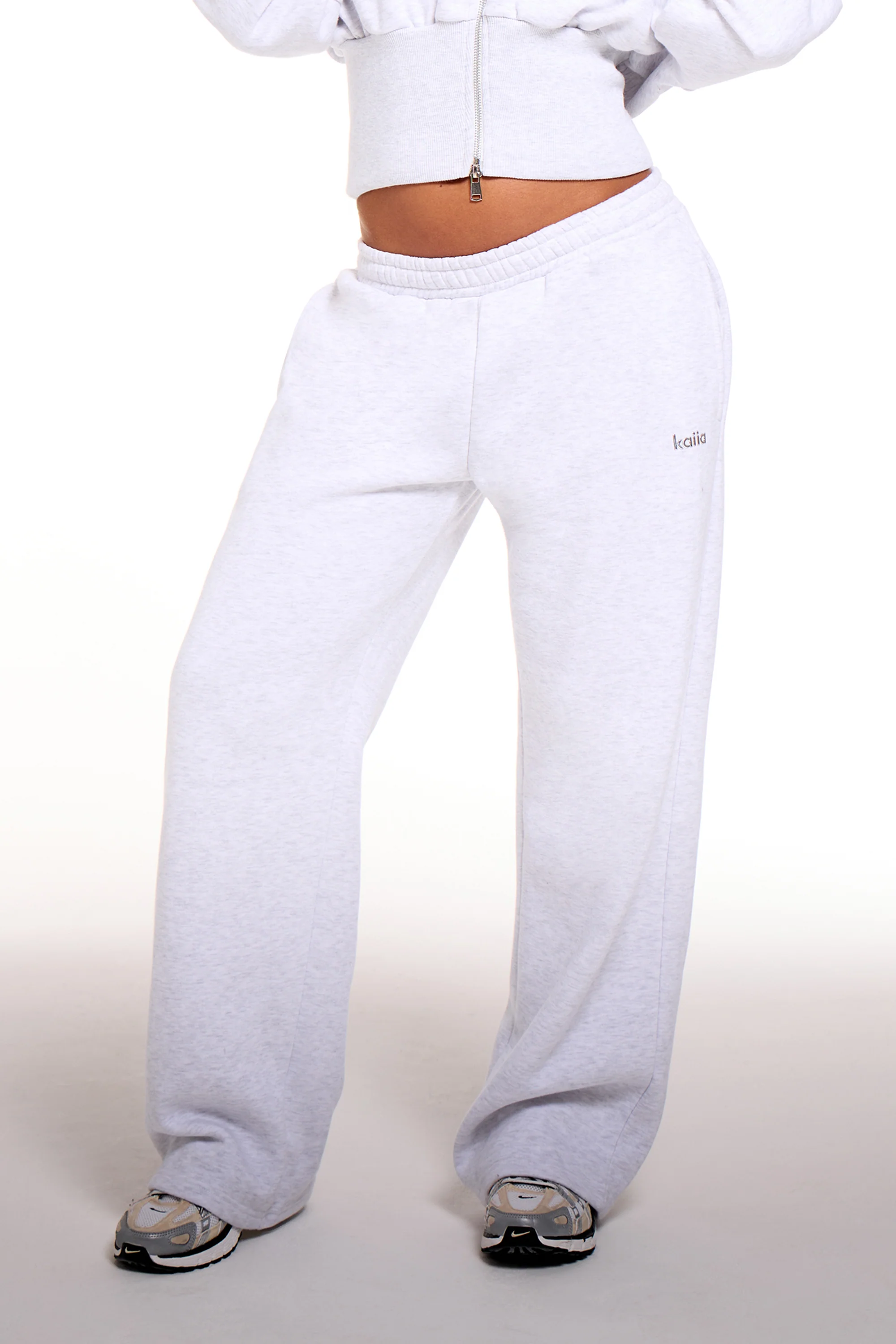 Kaiia Chrome Logo Mid Rise Wide Leg Joggers Light Grey Marl - Image 3