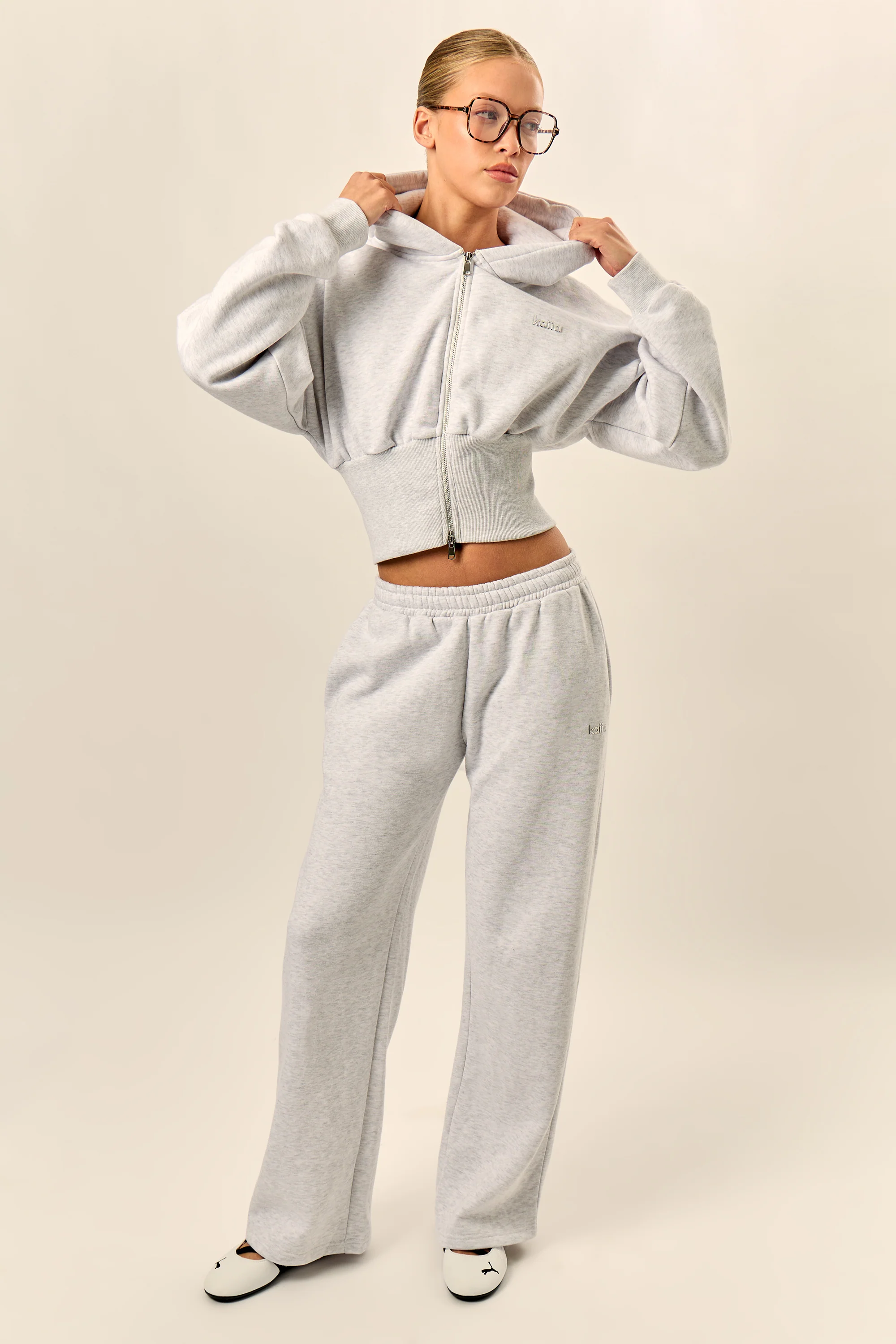 Kaiia Chrome Logo Mid Rise Wide Leg Joggers Light Grey Marl - Image 6