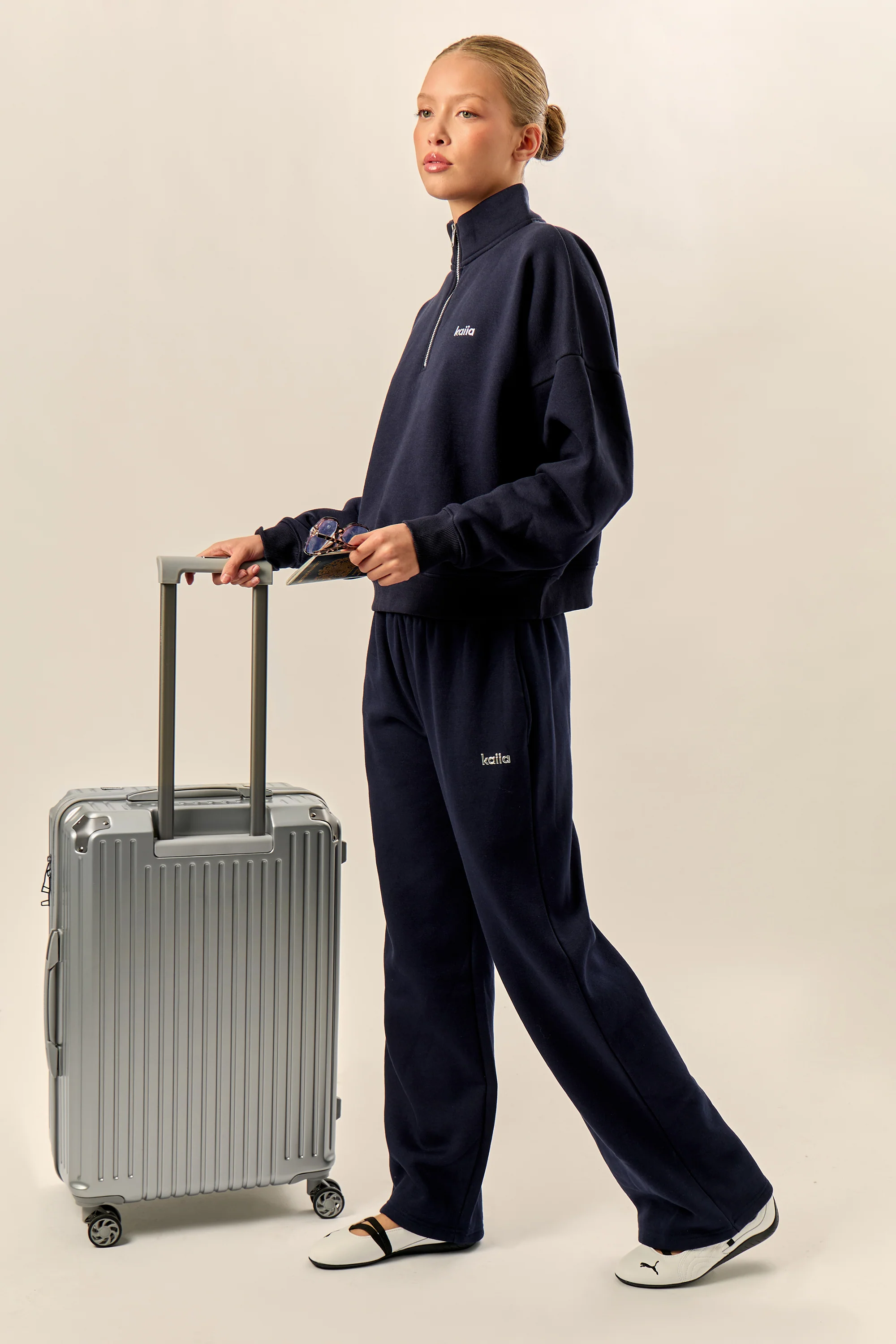 Kaiia Chrome Logo Mid Rise Wide Leg Joggers Navy - Image 10