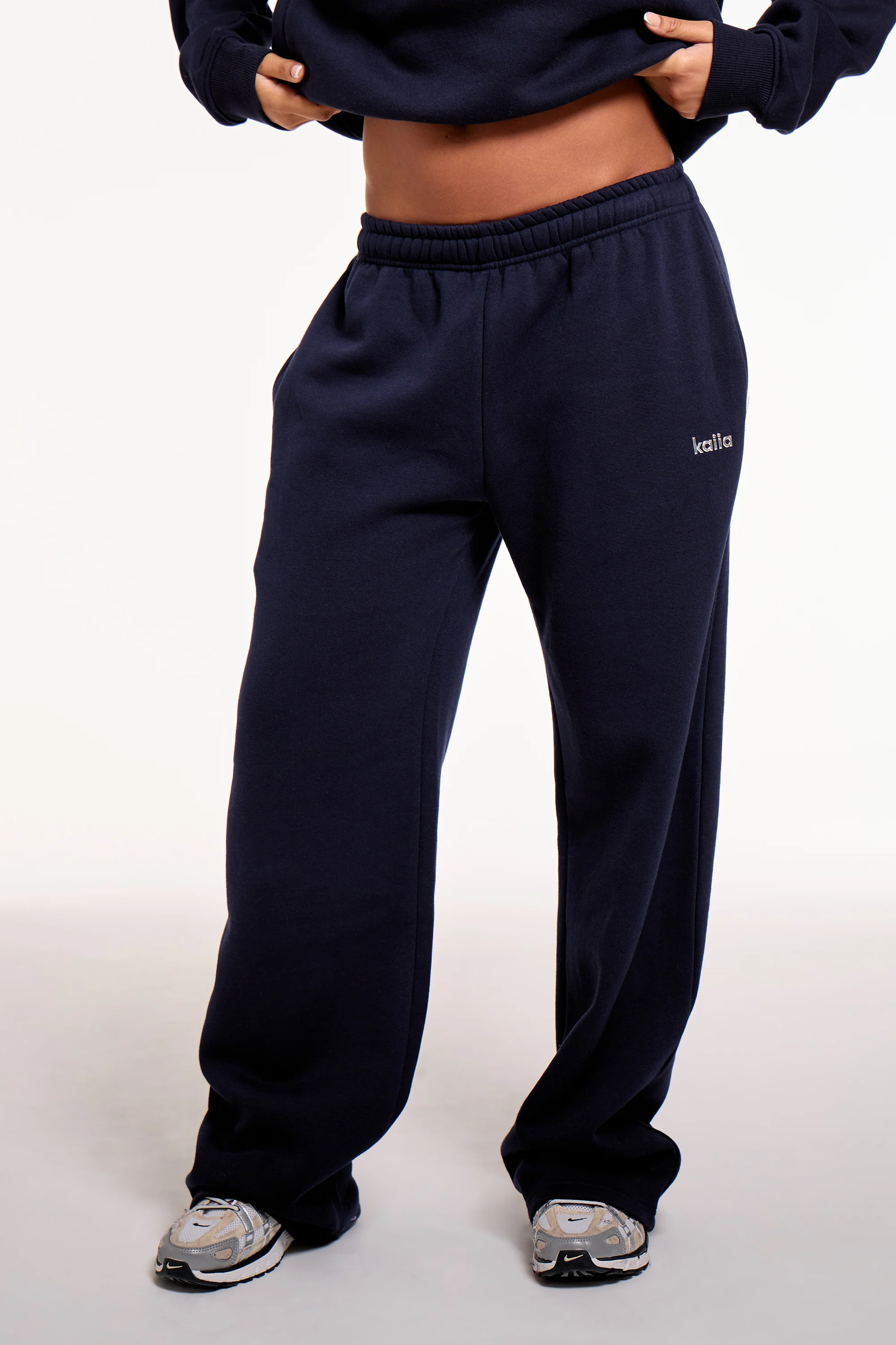 Kaiia Chrome Logo Mid Rise Wide Leg Joggers Navy - Image 3
