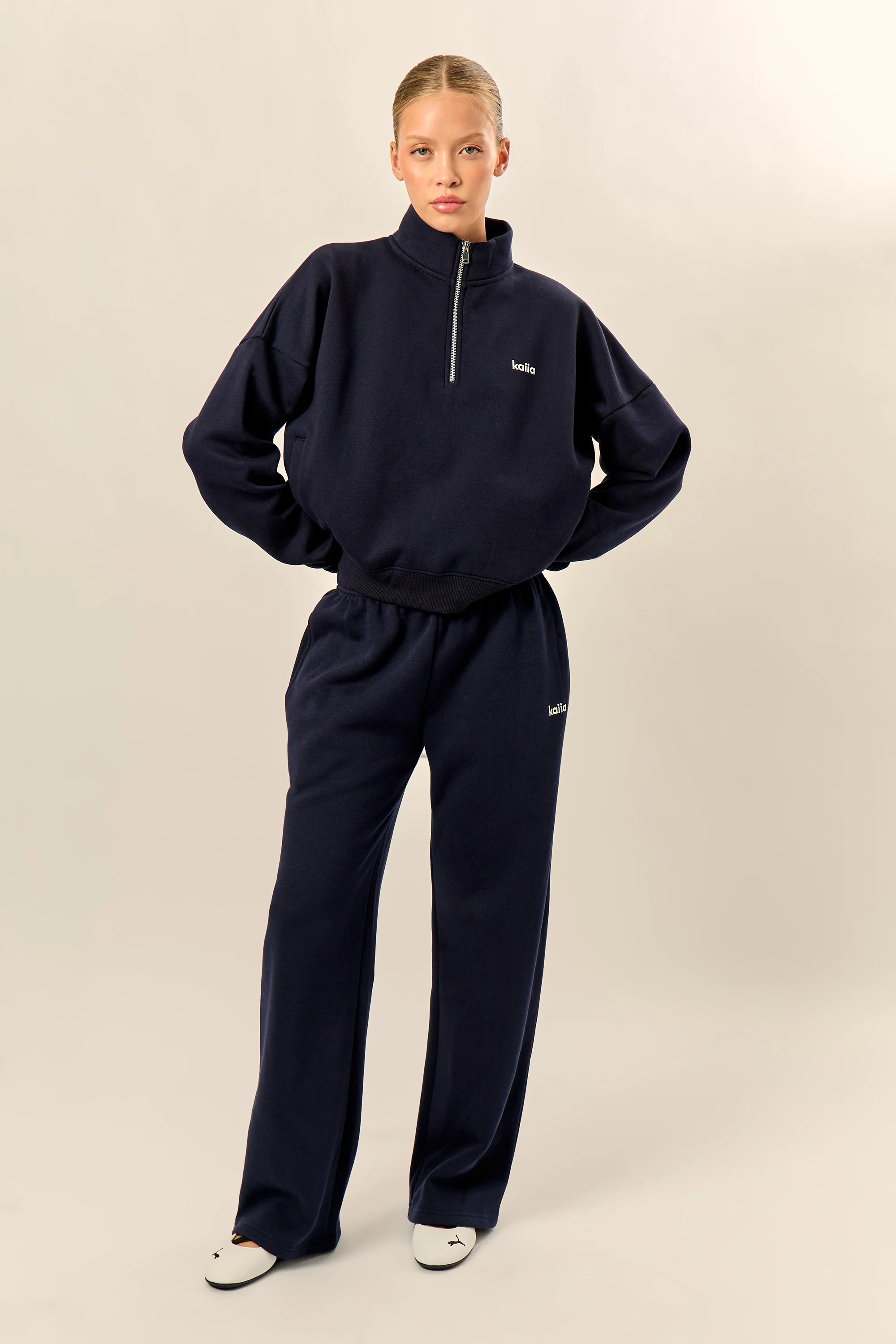 Kaiia Chrome Logo Mid Rise Wide Leg Joggers Navy - Image 6