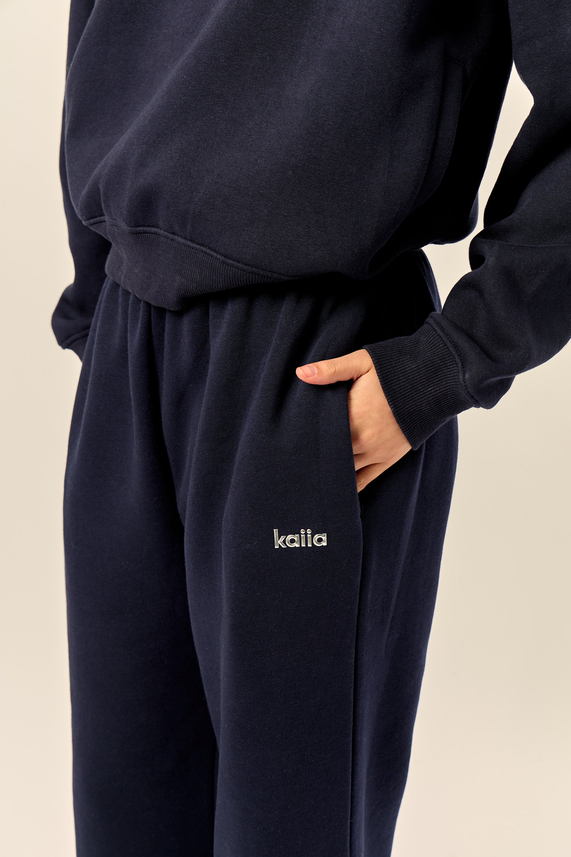 Kaiia Chrome Logo Mid Rise Wide Leg Joggers Navy - Image 7