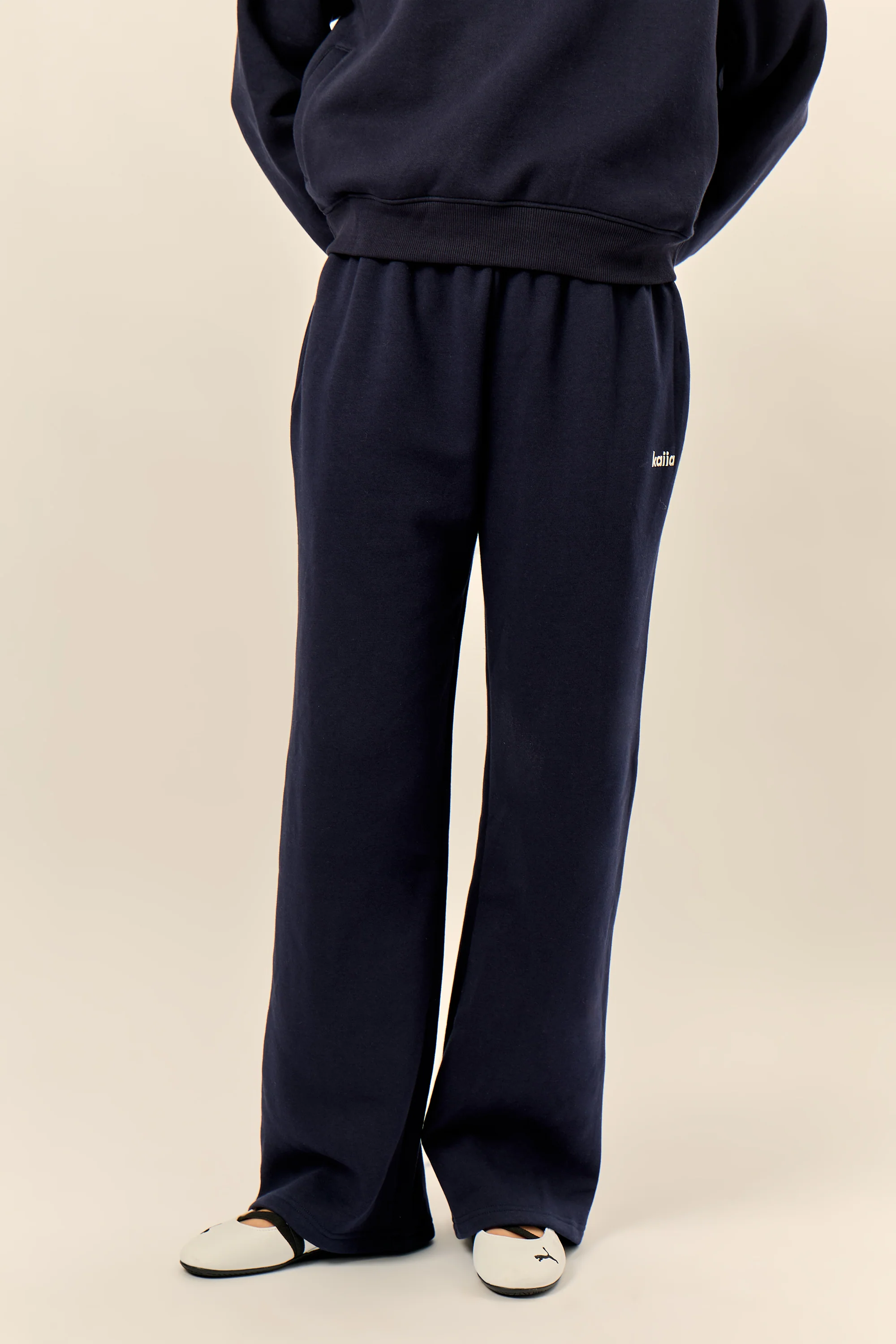 Kaiia Chrome Logo Mid Rise Wide Leg Joggers Navy - Image 8