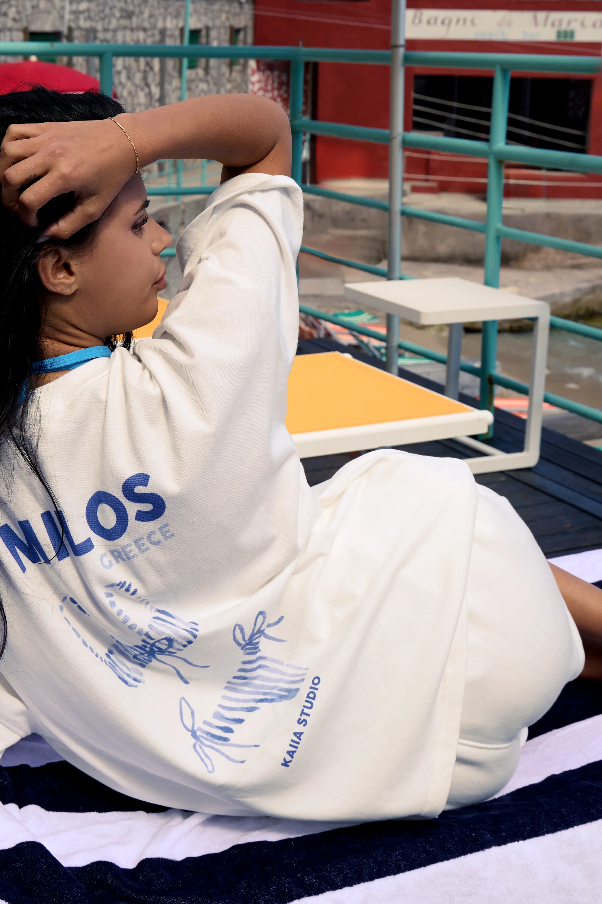 Kaiia Logo Mini Sweat Shorts Cream & Blue - Image 3