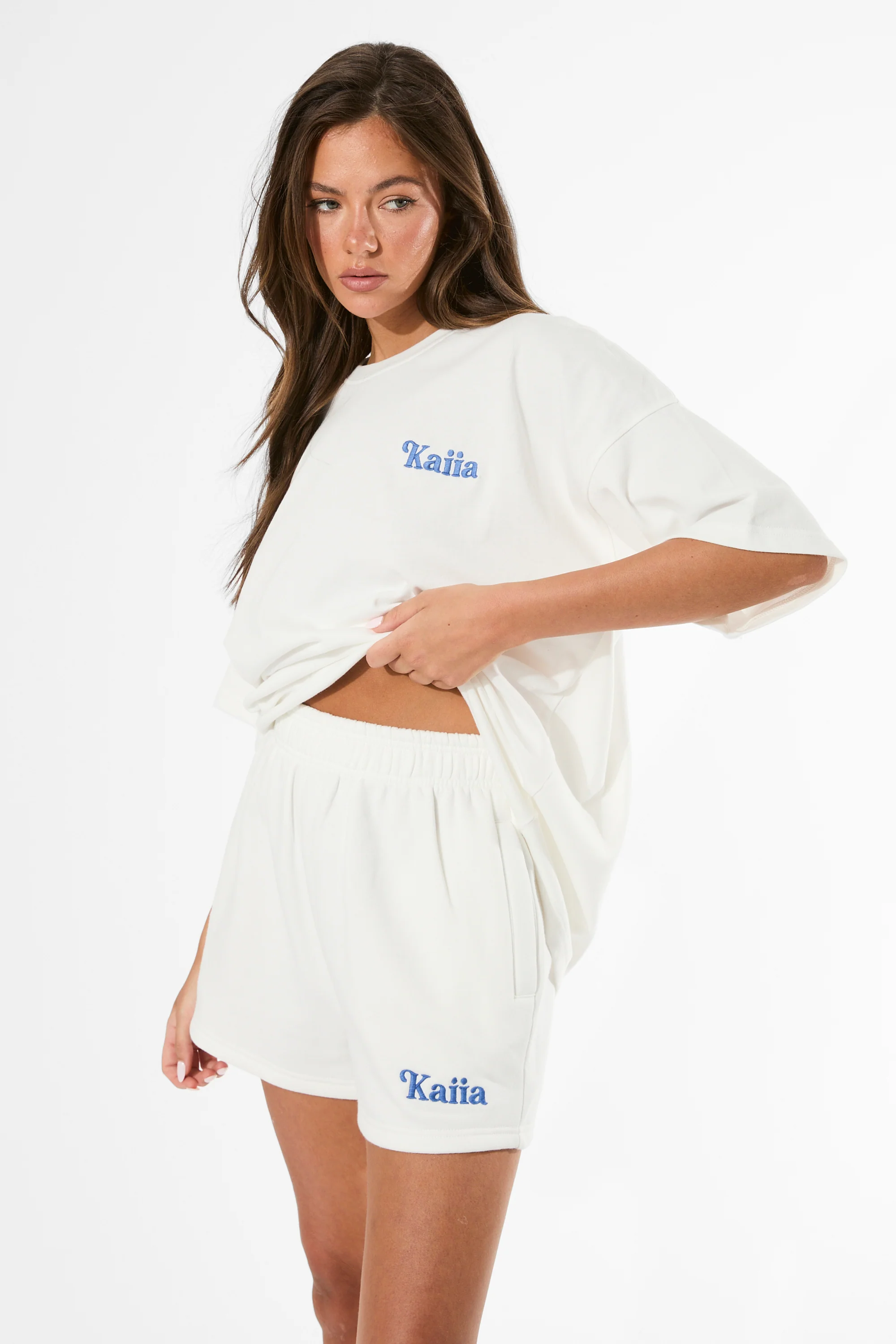 Kaiia Logo Mini Sweat Shorts Cream & Blue - Image 6