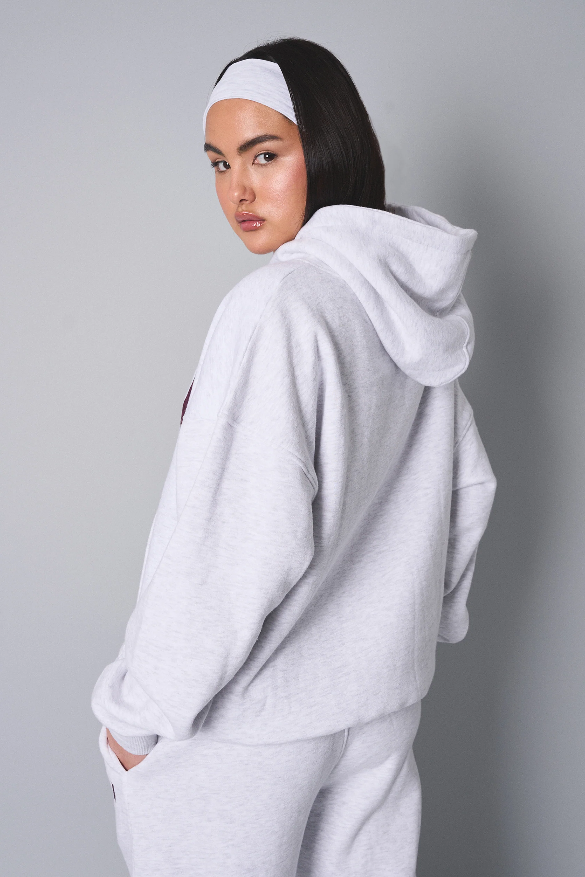 Kaiia Slogan Oversized Hoodie Light Grey Marl With Burgundy - Image 6