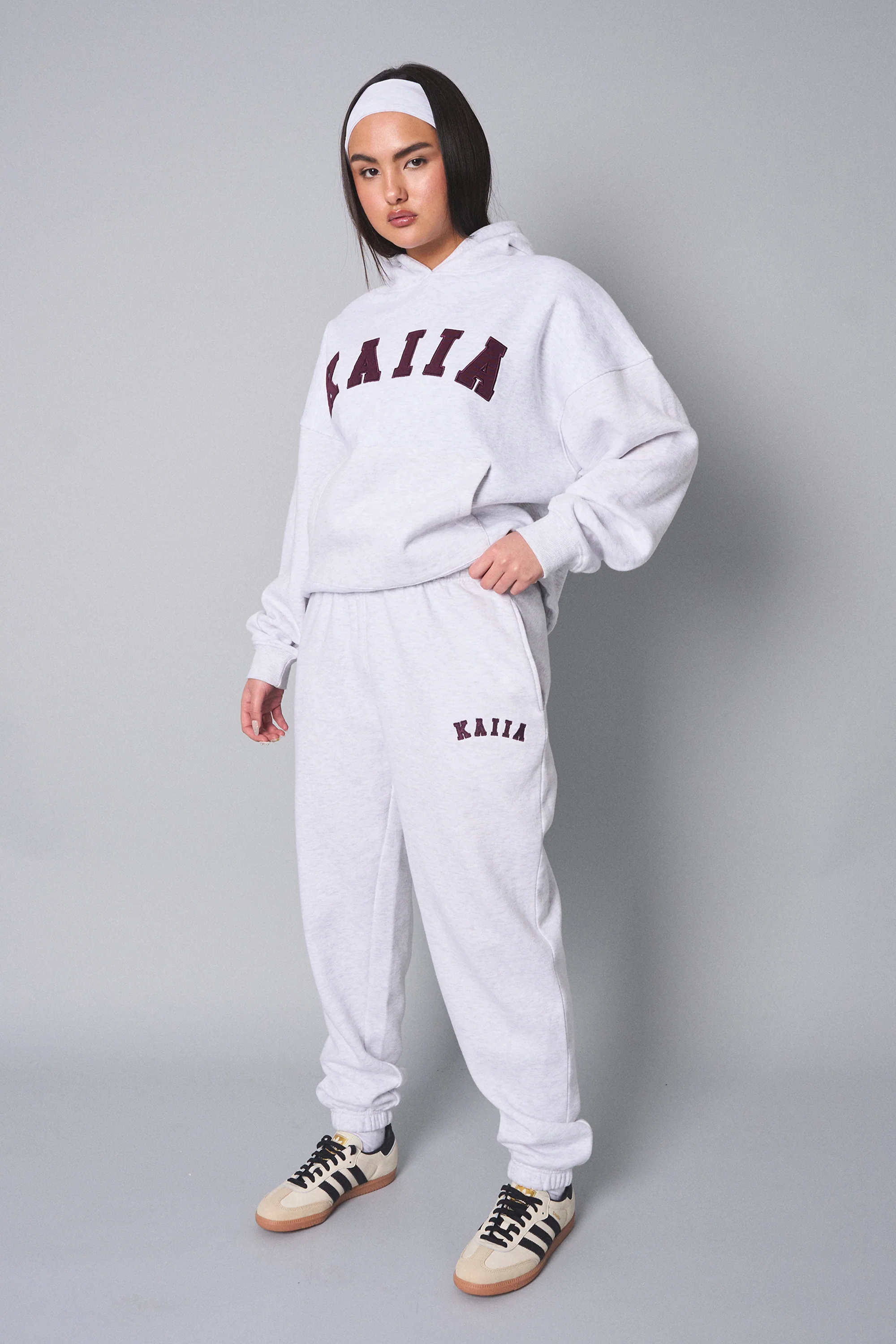 Kaiia Slogan Oversized Hoodie Light Grey Marl With Burgundy - Image 7