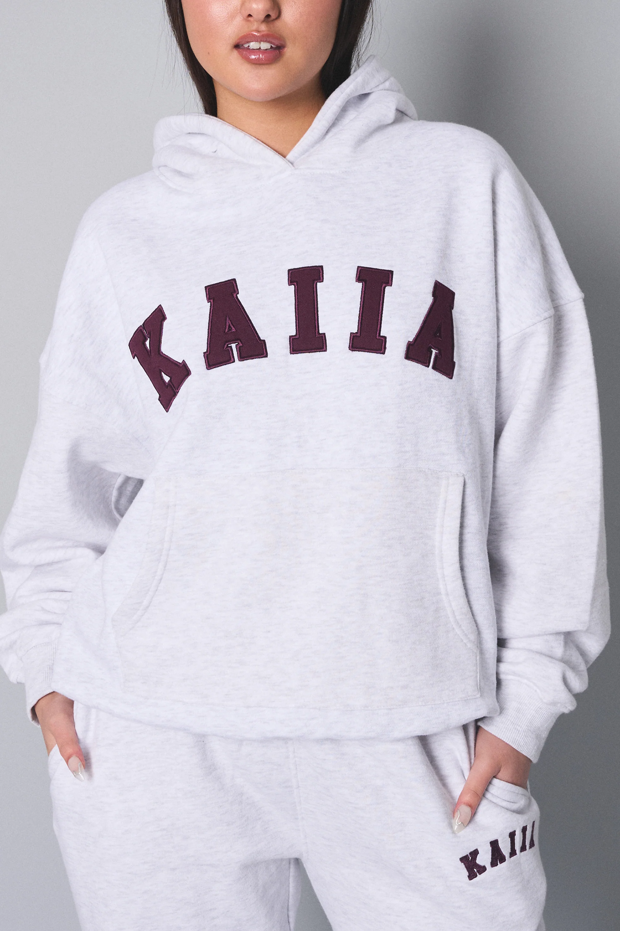 Kaiia Slogan Oversized Hoodie Light Grey Marl With Burgundy - Image 8