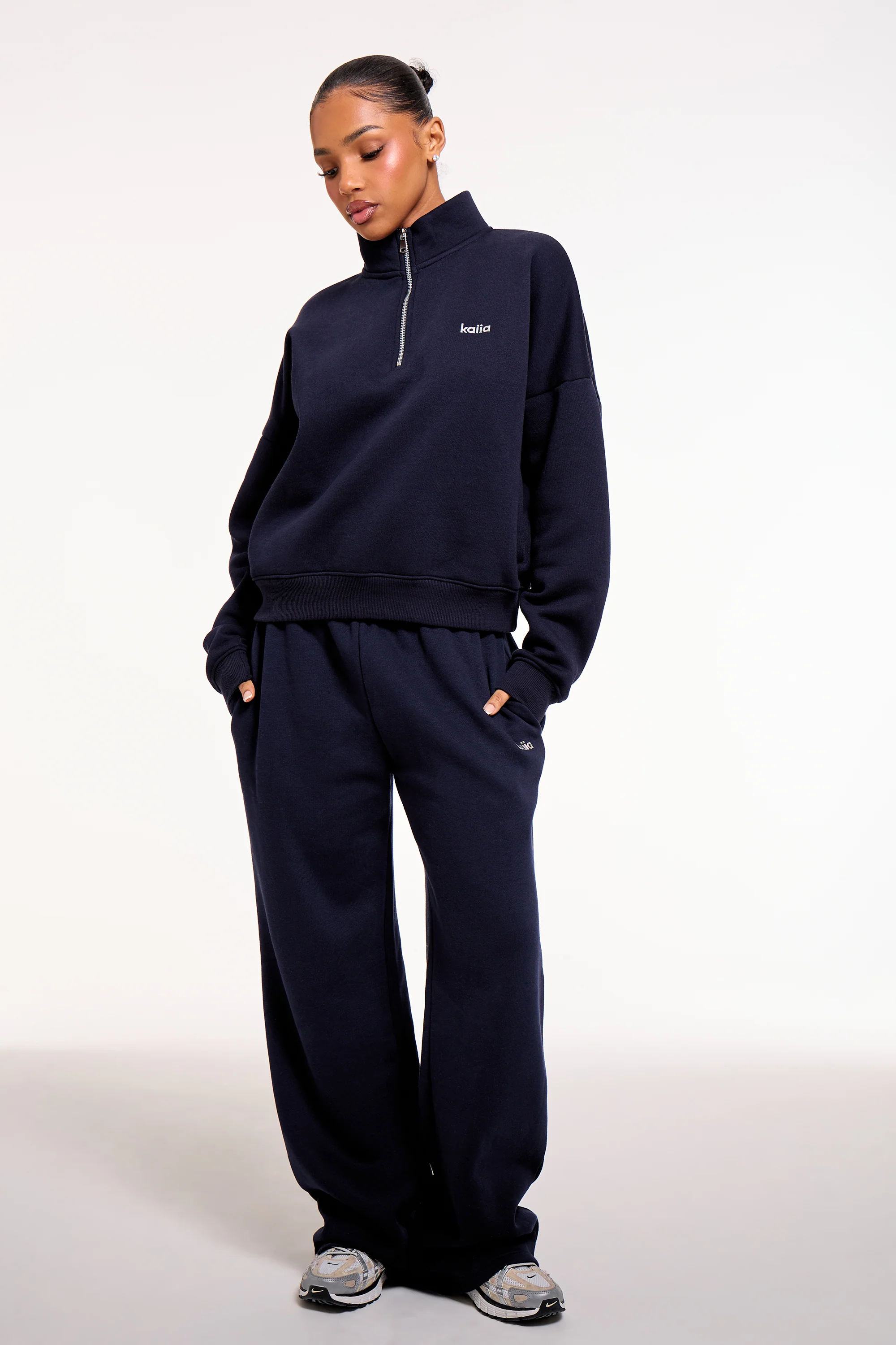 Kaiia Chrome Logo Oversized Quarter Zip Sweatshirt Navy - Image 3