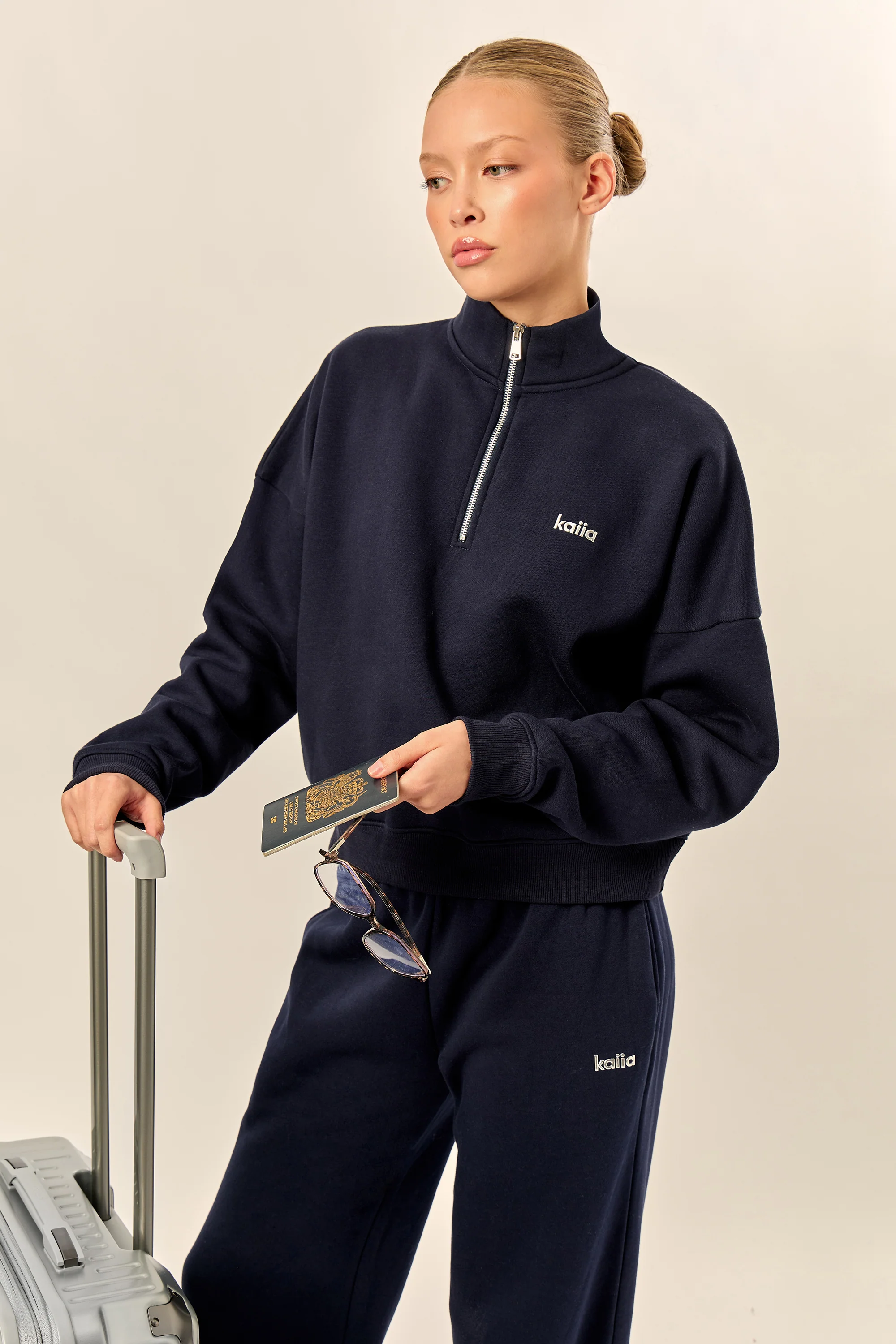 Kaiia Chrome Logo Oversized Quarter Zip Sweatshirt Navy - Image 6