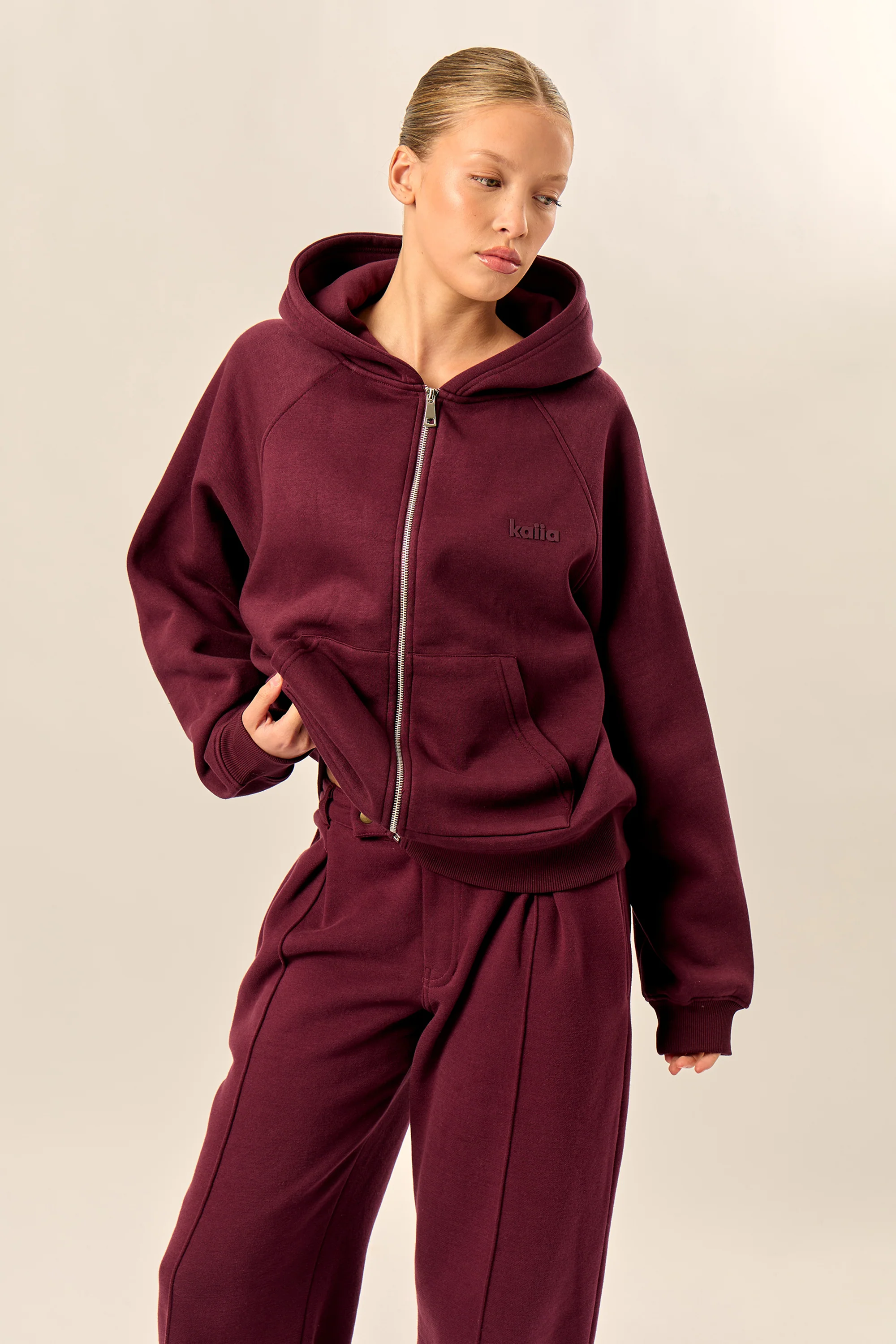 Kaiia Logo Oversized Zip Through Hoodie Dark Cherry