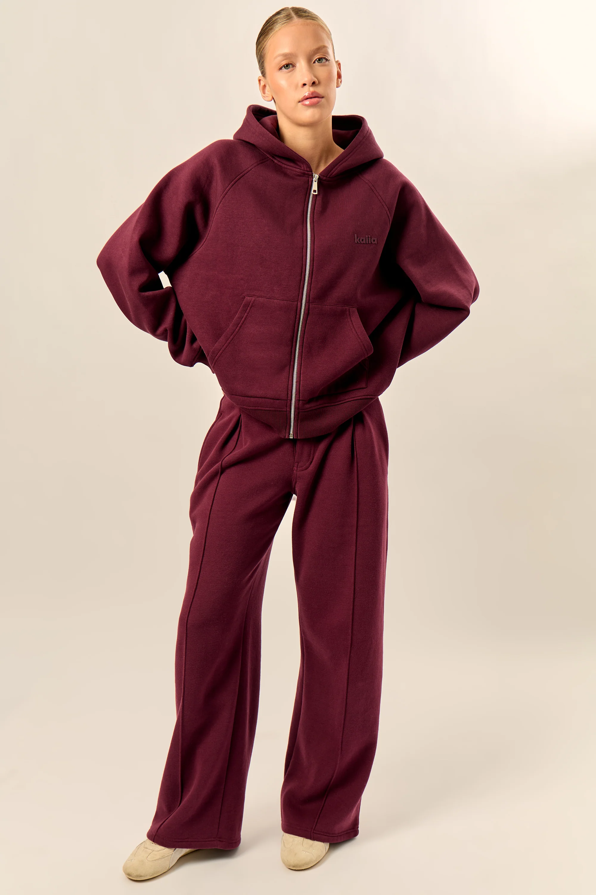 Kaiia Logo Oversized Zip Through Hoodie Dark Cherry - Image 3
