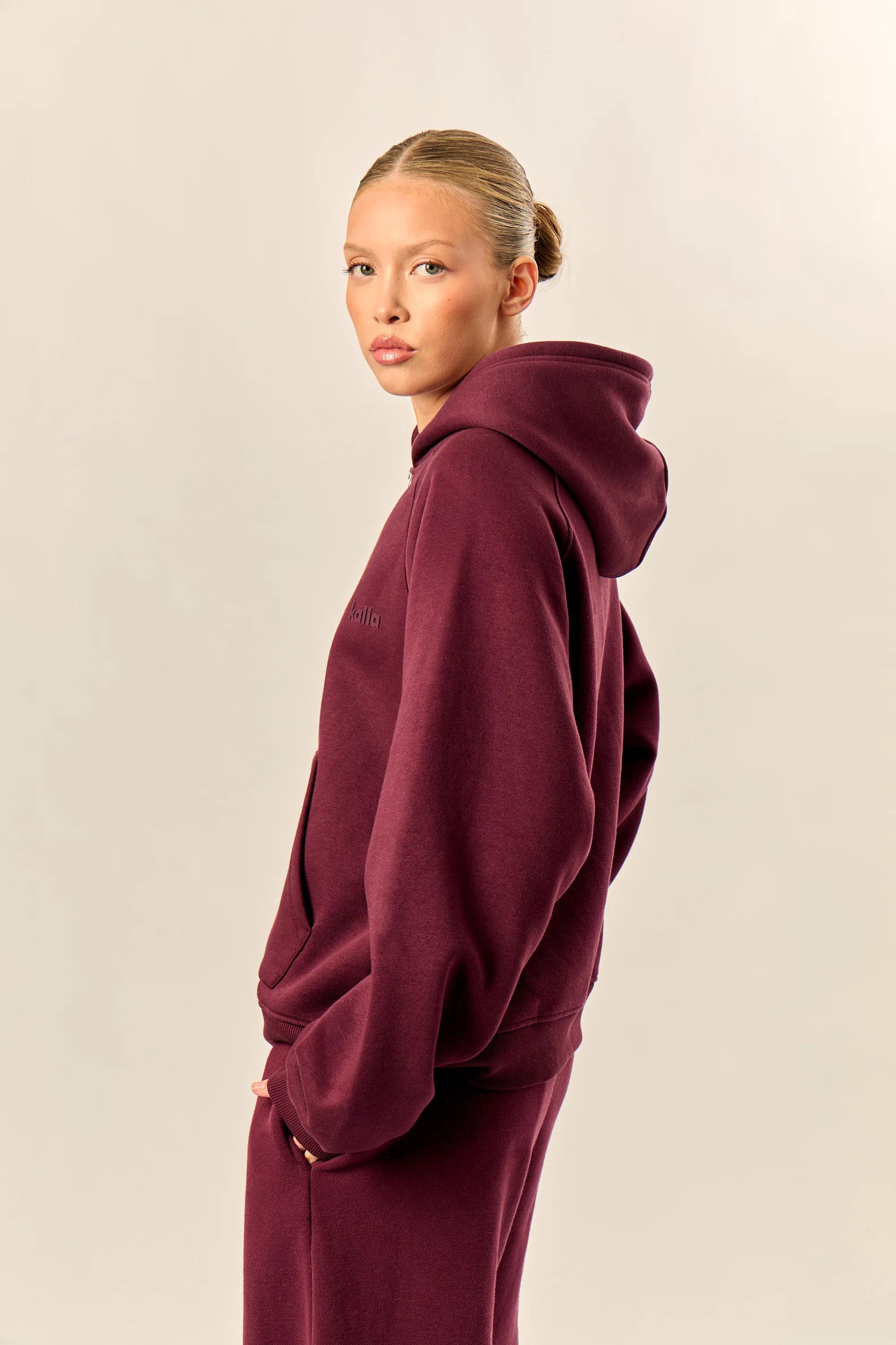 Kaiia Logo Oversized Zip Through Hoodie Dark Cherry - Image 4