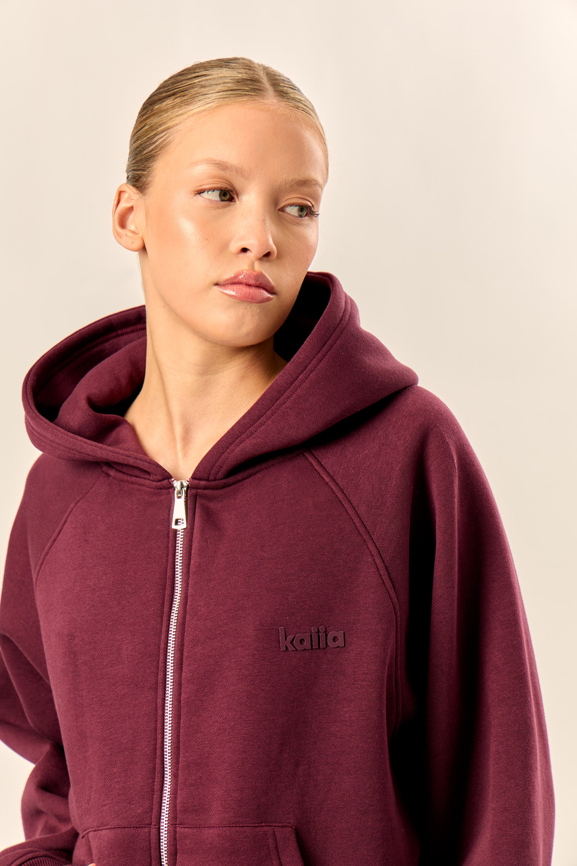 Kaiia Logo Oversized Zip Through Hoodie Dark Cherry - Image 5