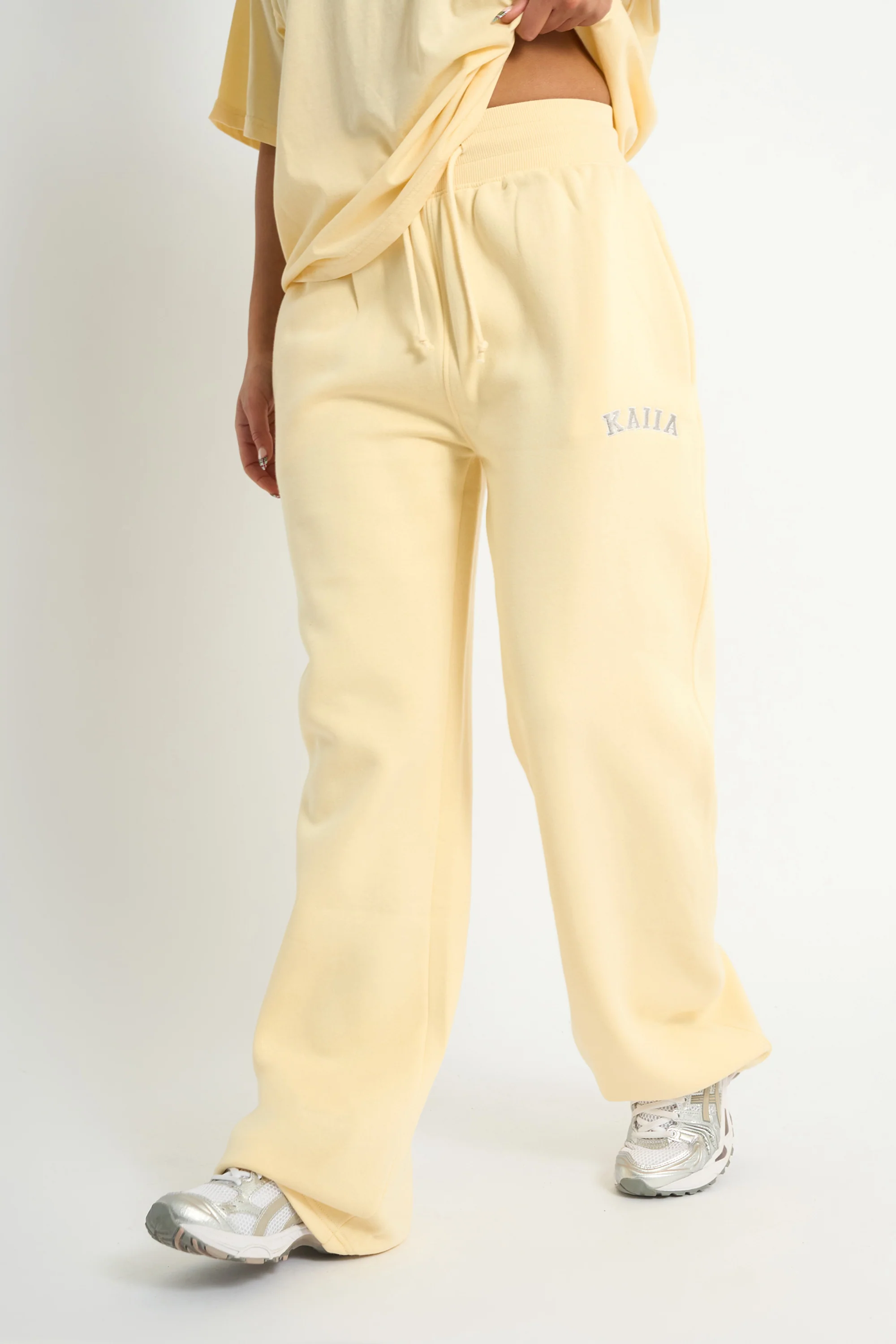 Kaiia Ribbed Waistband Wide Leg Joggers Soft Yellow - Image 2