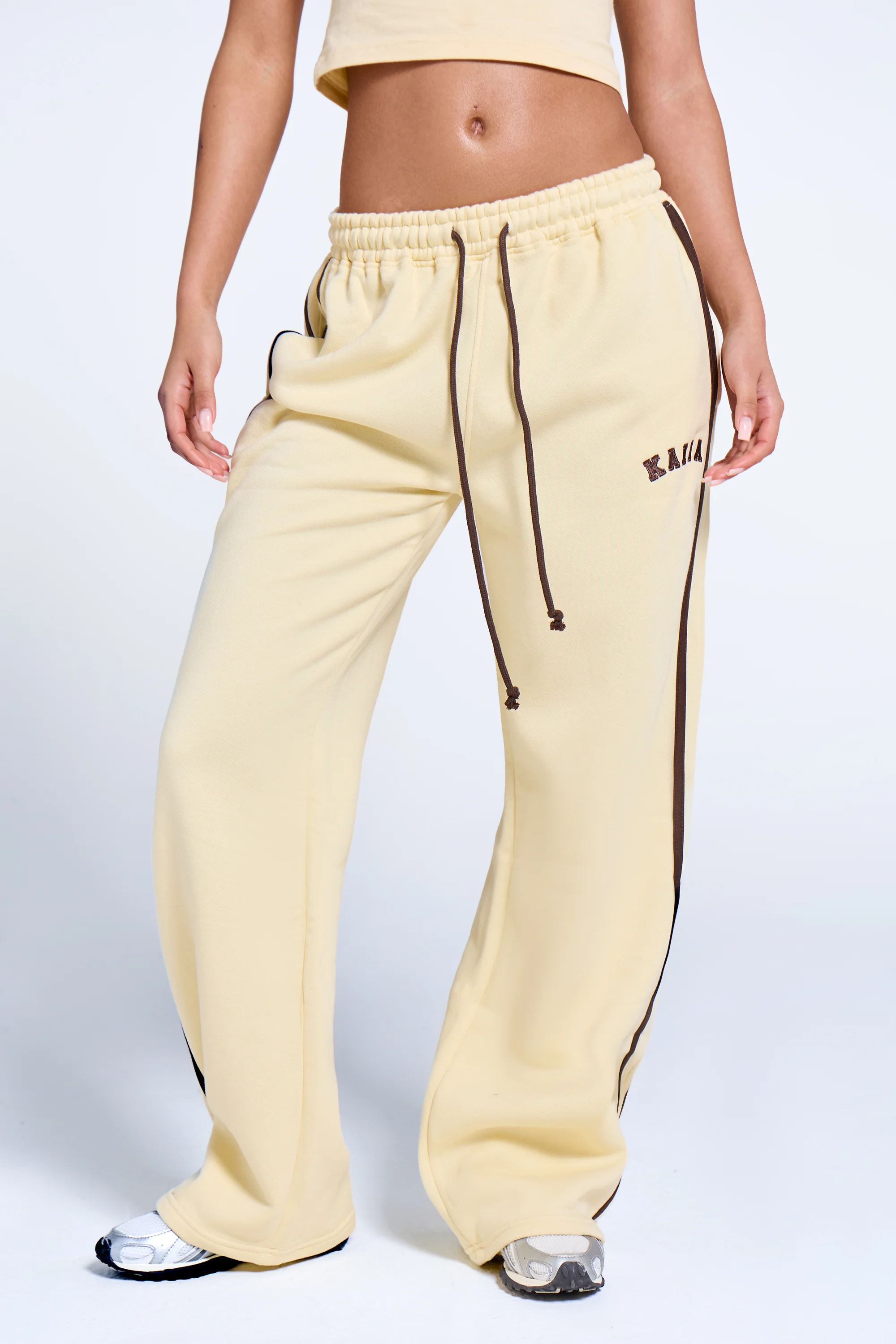 Kaiia Logo Side Stripe Wide Leg Joggers Butter Yellow & Brown - Image 3