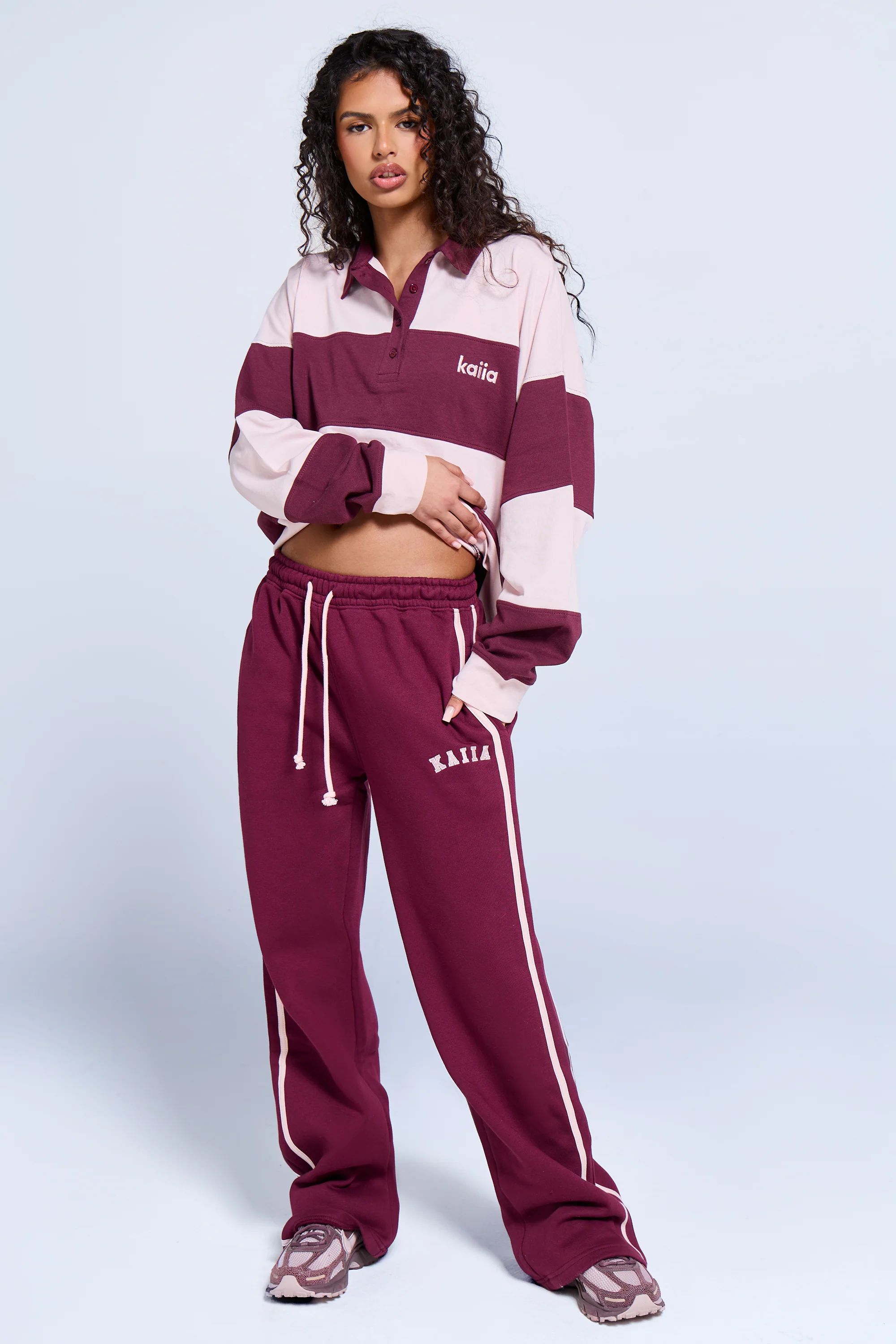 Kaiia Logo Side Stripe Wide Leg Joggers Dark Cherry & Pink - Image 3