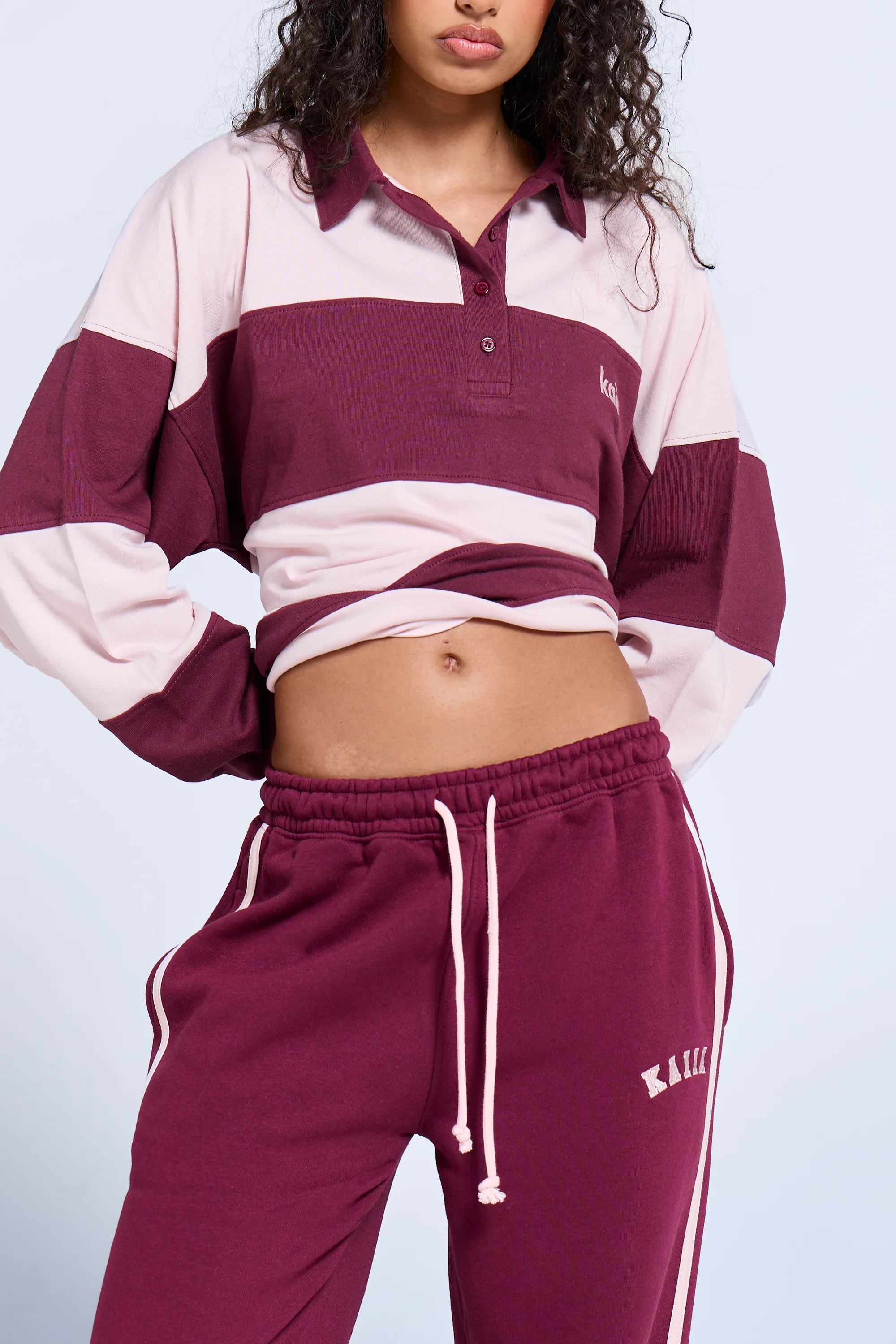Kaiia Logo Side Stripe Wide Leg Joggers Dark Cherry & Pink - Image 4