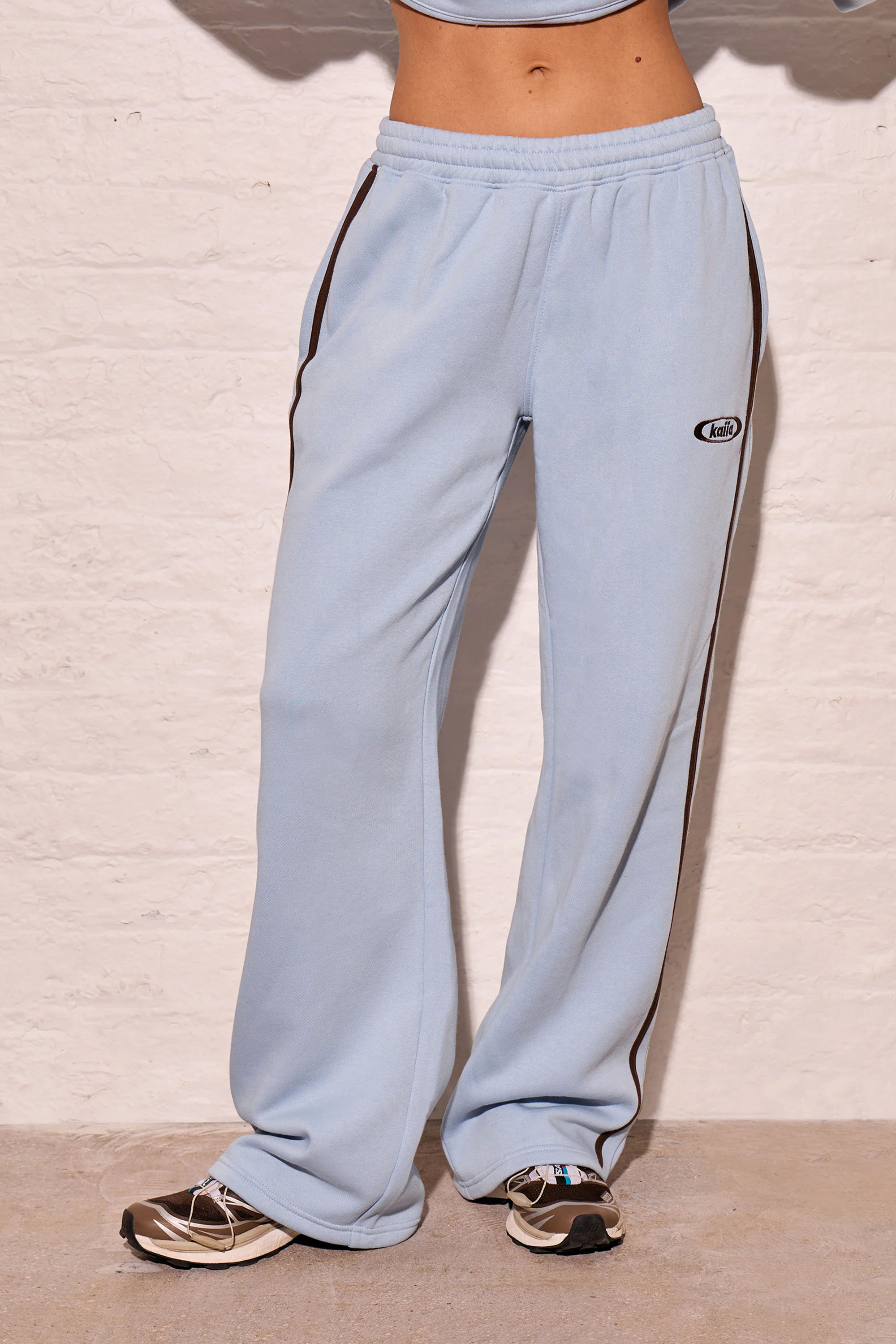 Kaiia Logo Side Stripe Wide Leg Joggers Dusty Blue & Chestnut Brown - Image 3