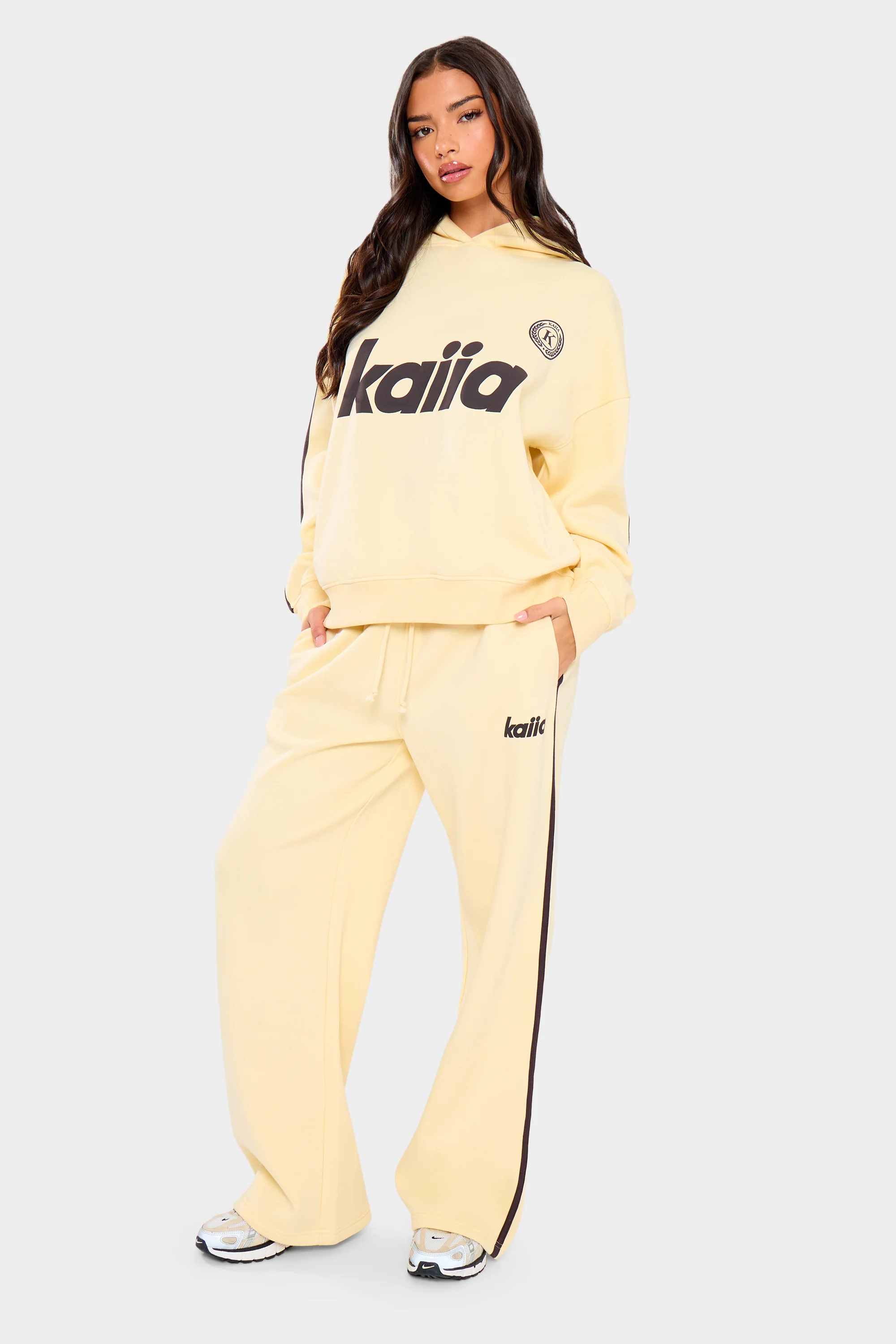 Kaiia Logo Side Stripe Wide Leg Joggers Lemon & Brown - Image 2