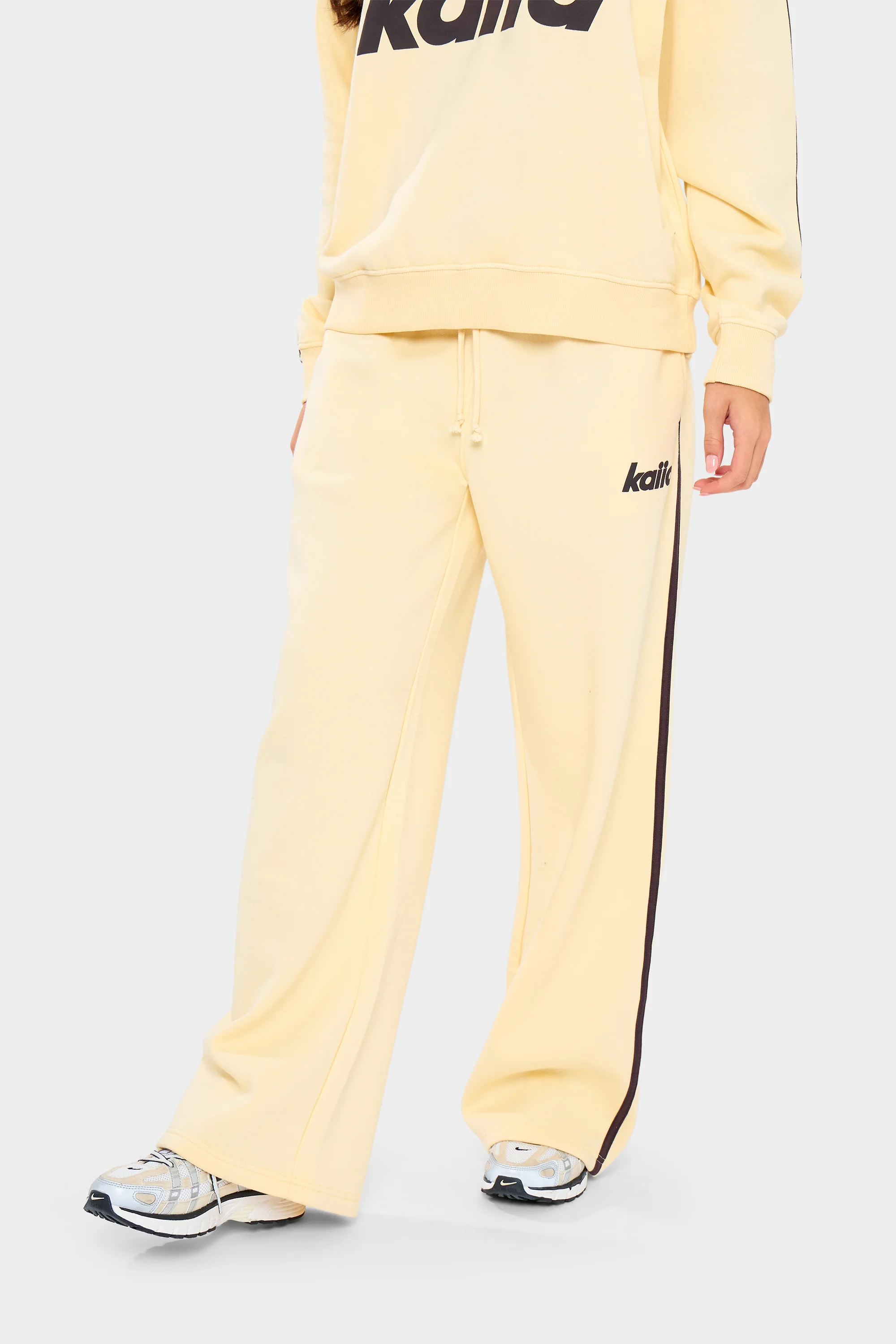 Kaiia Logo Side Stripe Wide Leg Joggers Lemon & Brown - Image 3
