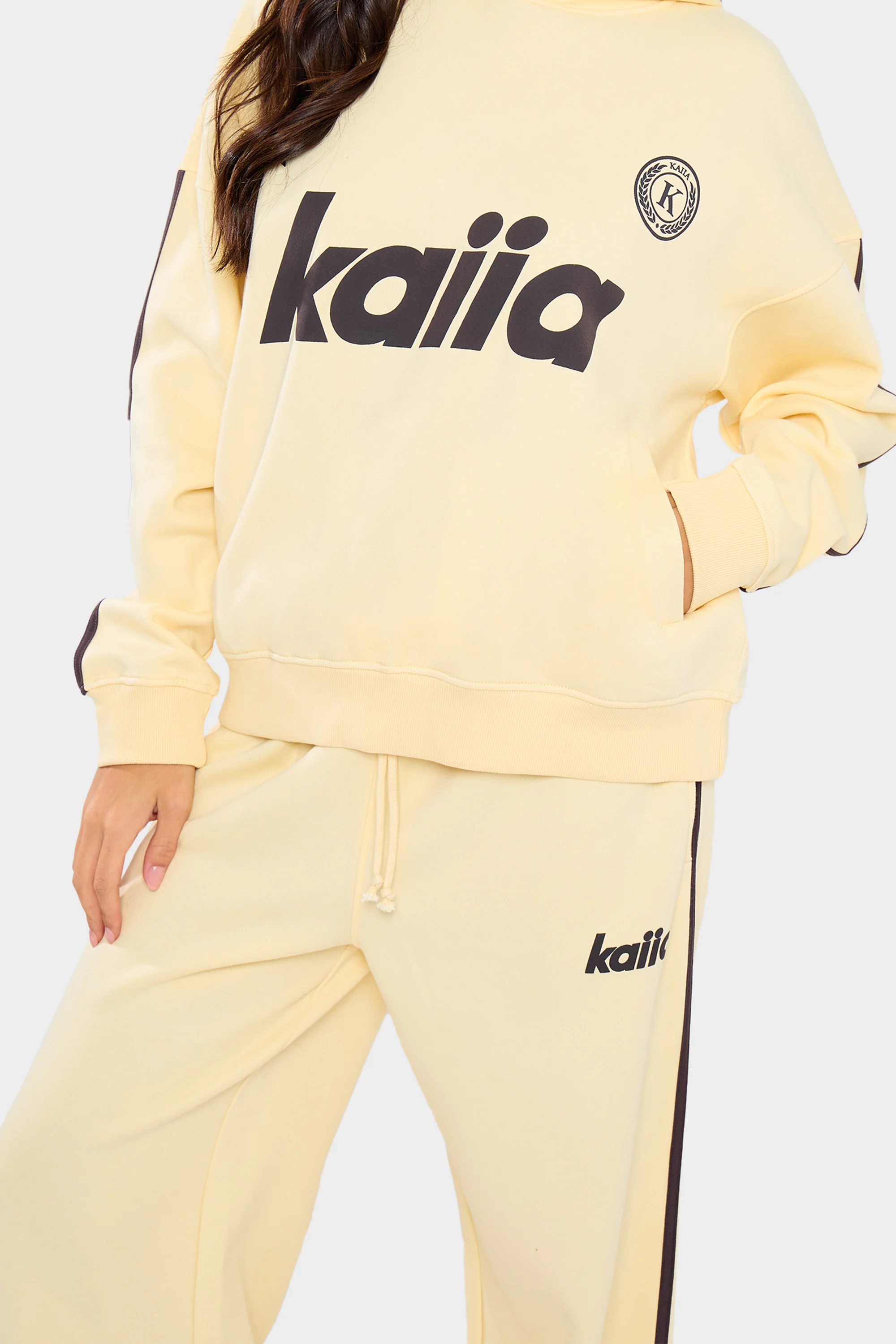 Kaiia Logo Side Stripe Wide Leg Joggers Lemon & Brown - Image 5