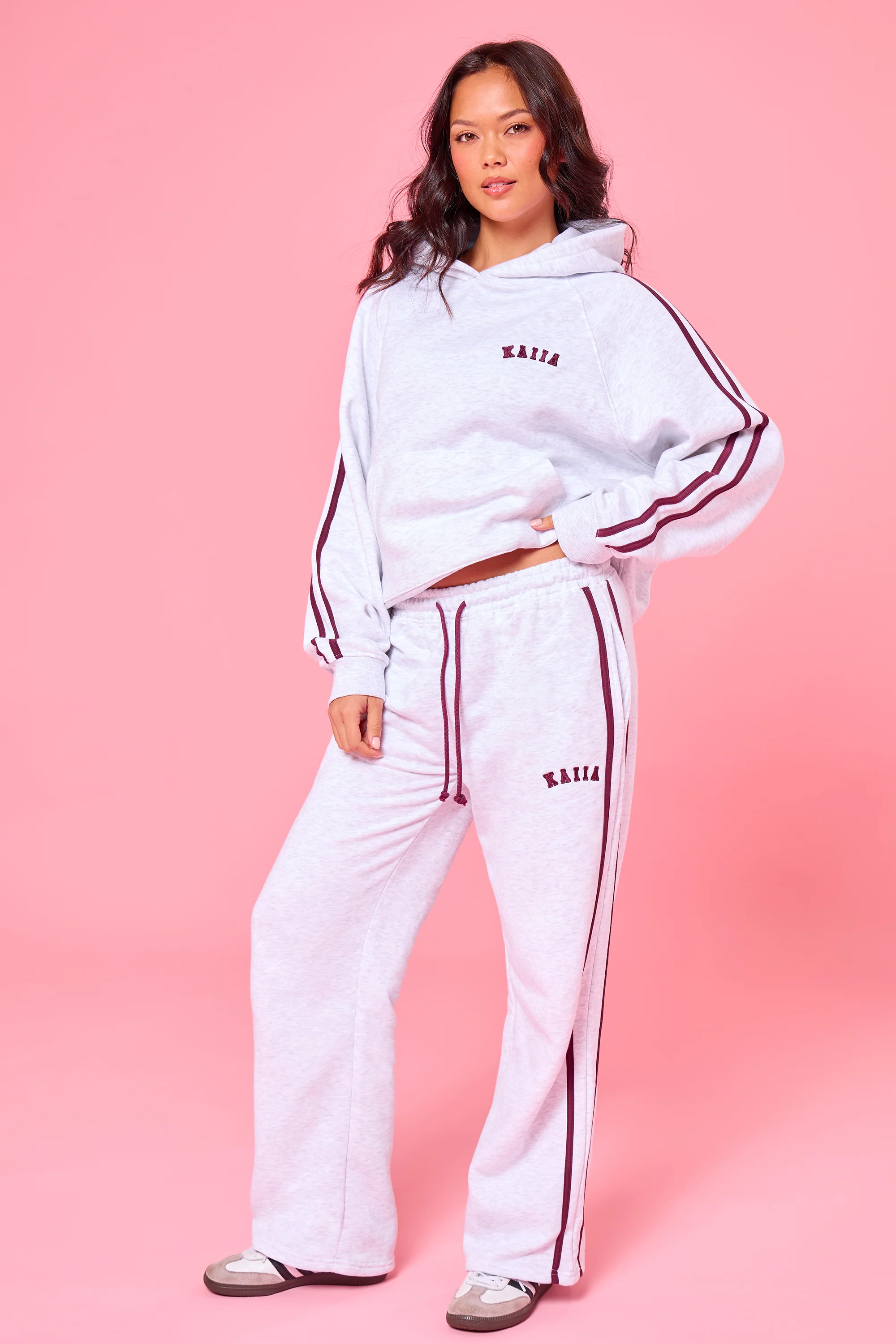 Kaiia Logo Side Stripe Wide Leg Joggers Light Grey Marl & Burgundy - Image 5