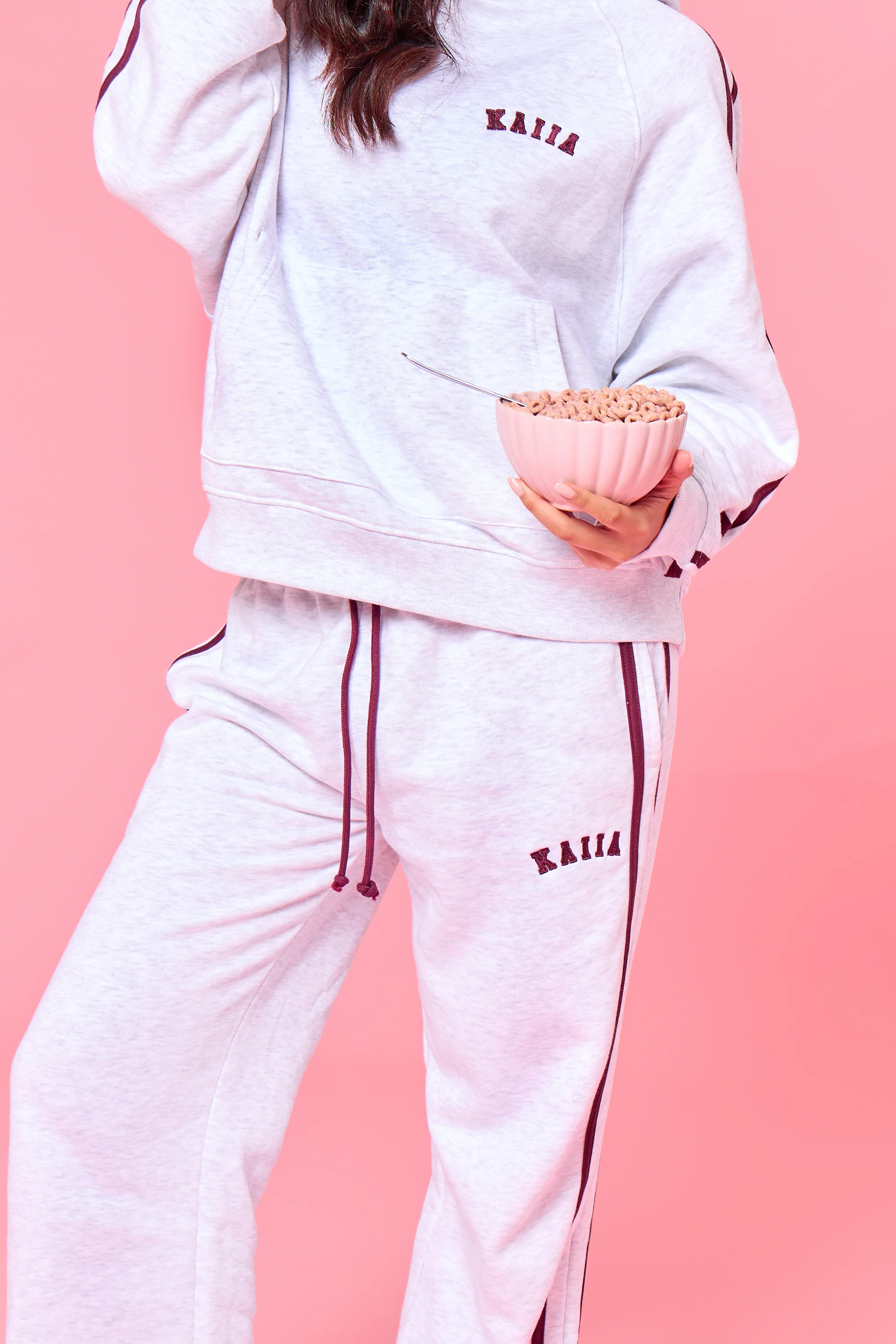 Kaiia Logo Side Stripe Wide Leg Joggers Light Grey Marl & Burgundy - Image 6