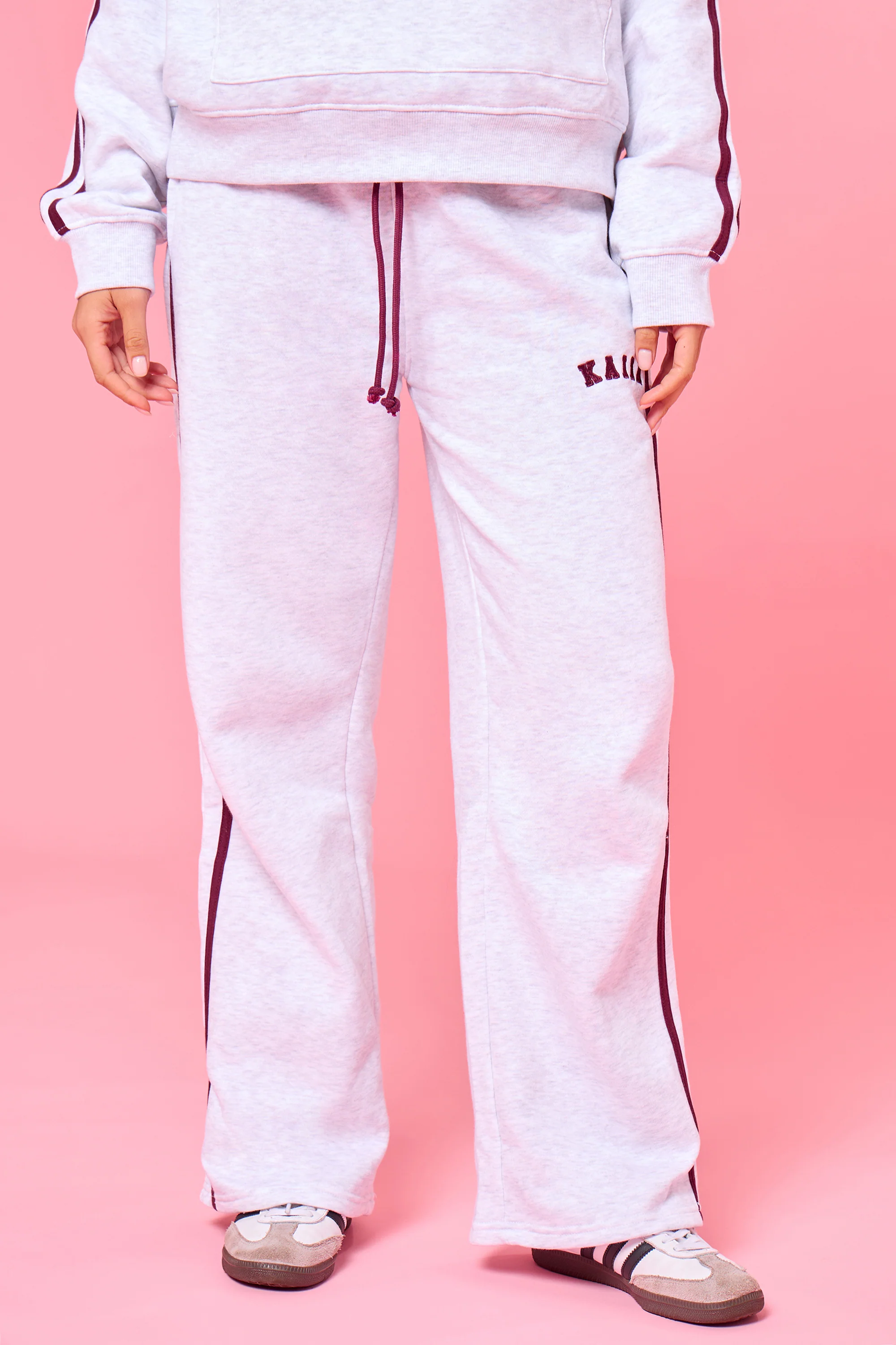 Kaiia Logo Side Stripe Wide Leg Joggers Light Grey Marl & Burgundy - Image 7