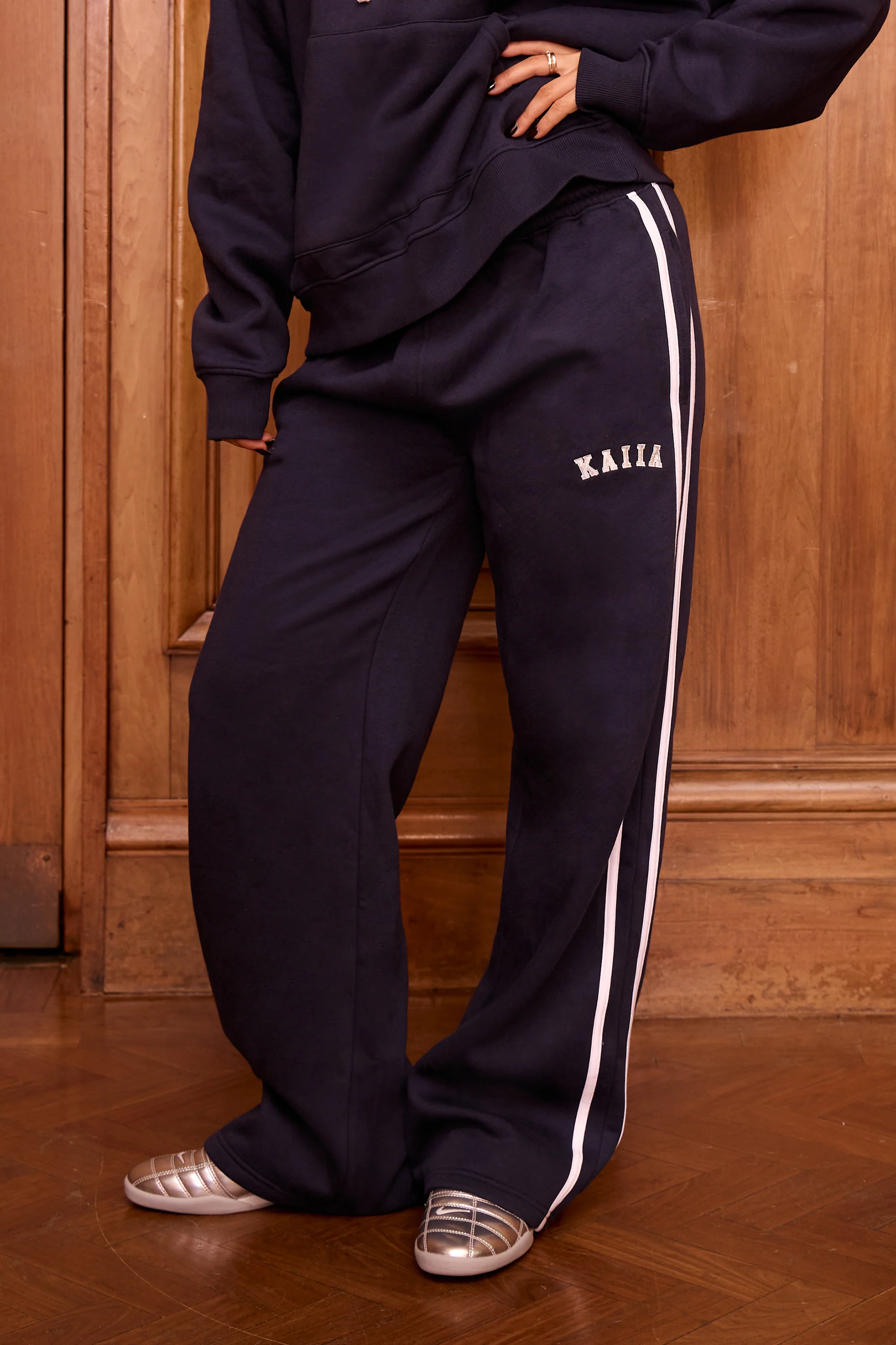 Kaiia Logo Side Stripe Wide Leg Joggers Navy & White - Image 3