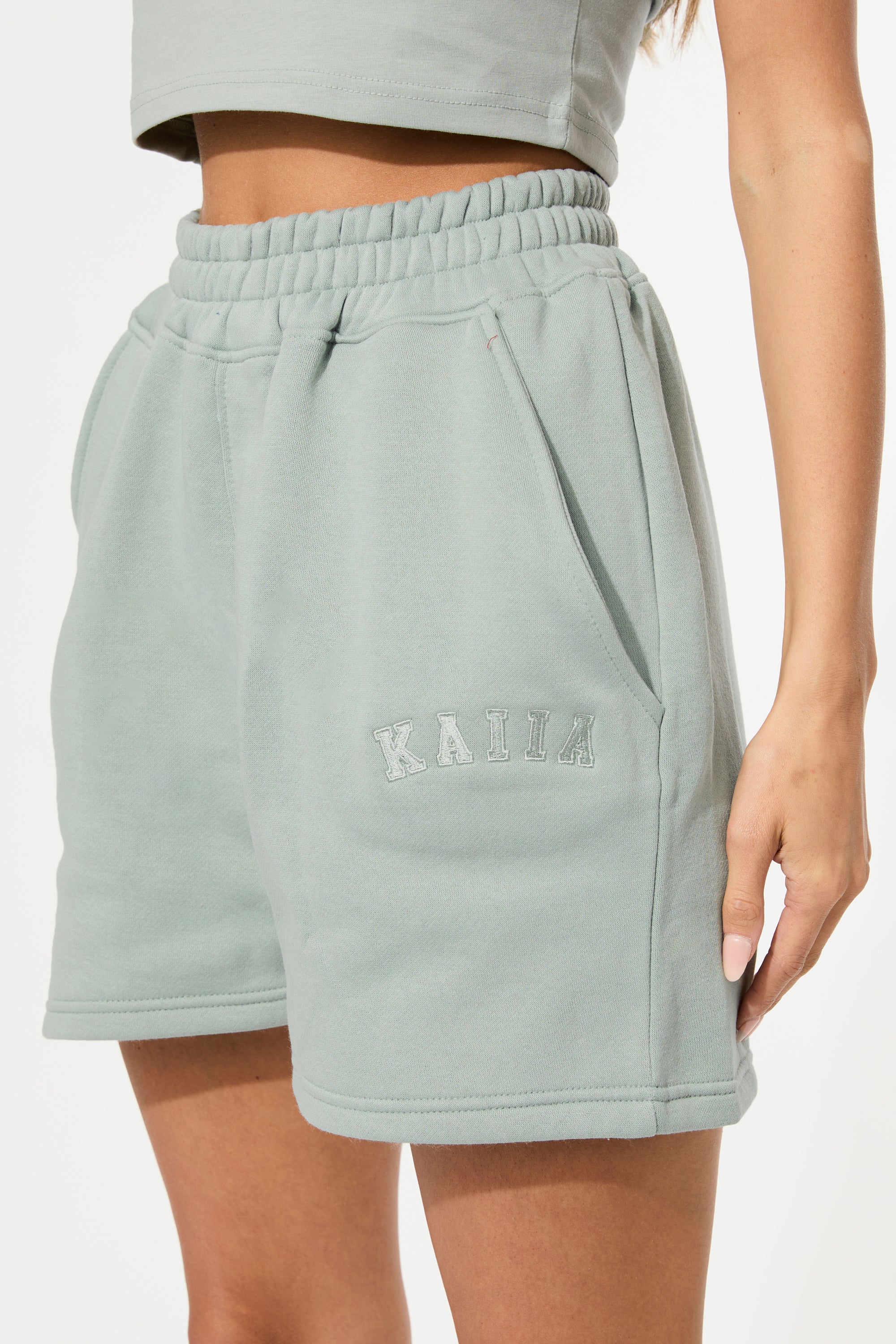 Kaiia Logo Sweat Shorts in Sage Green - Image 3