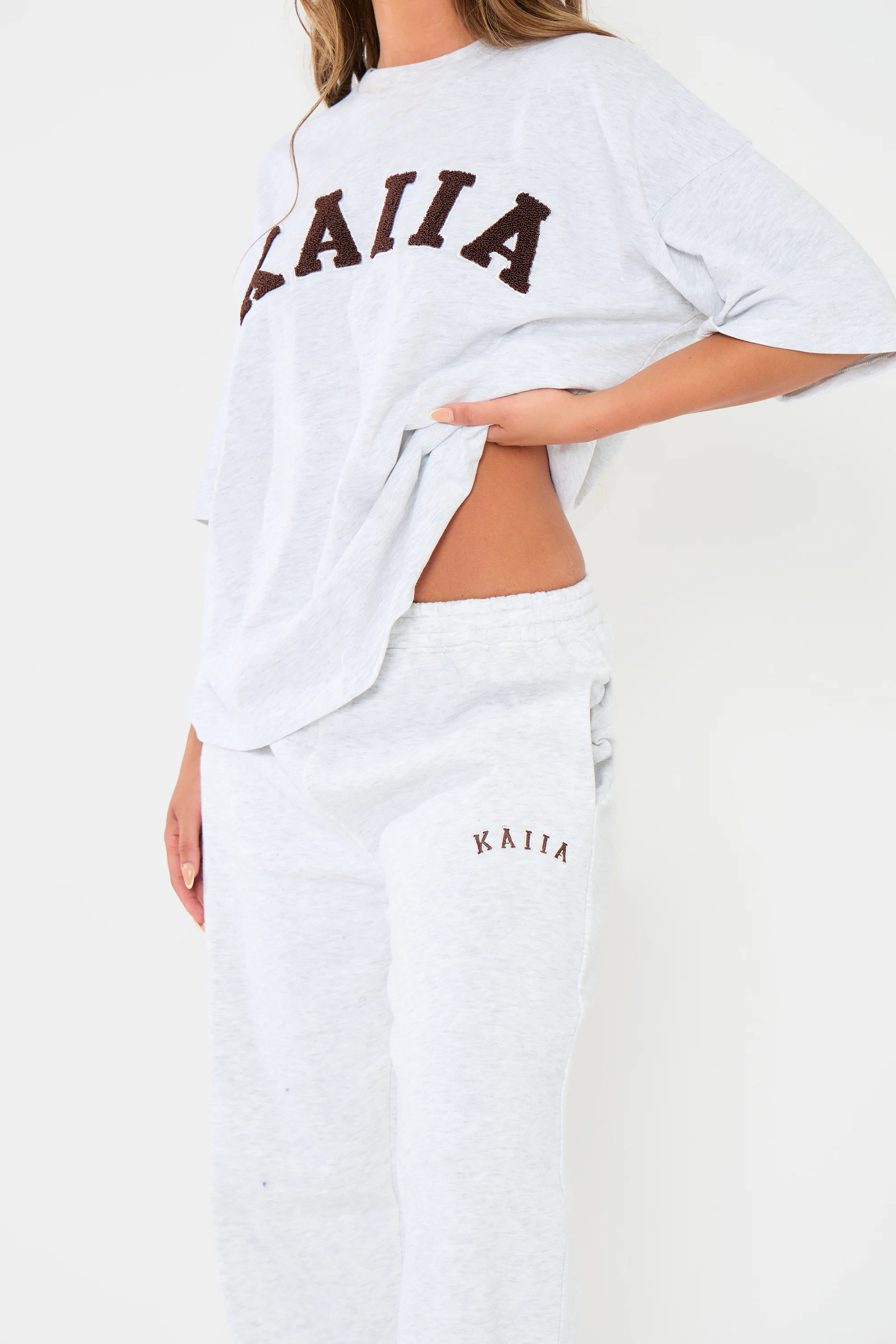 Kaiia Logo Wide Leg Joggers Light Grey Marl & Dark Brown - Image 4