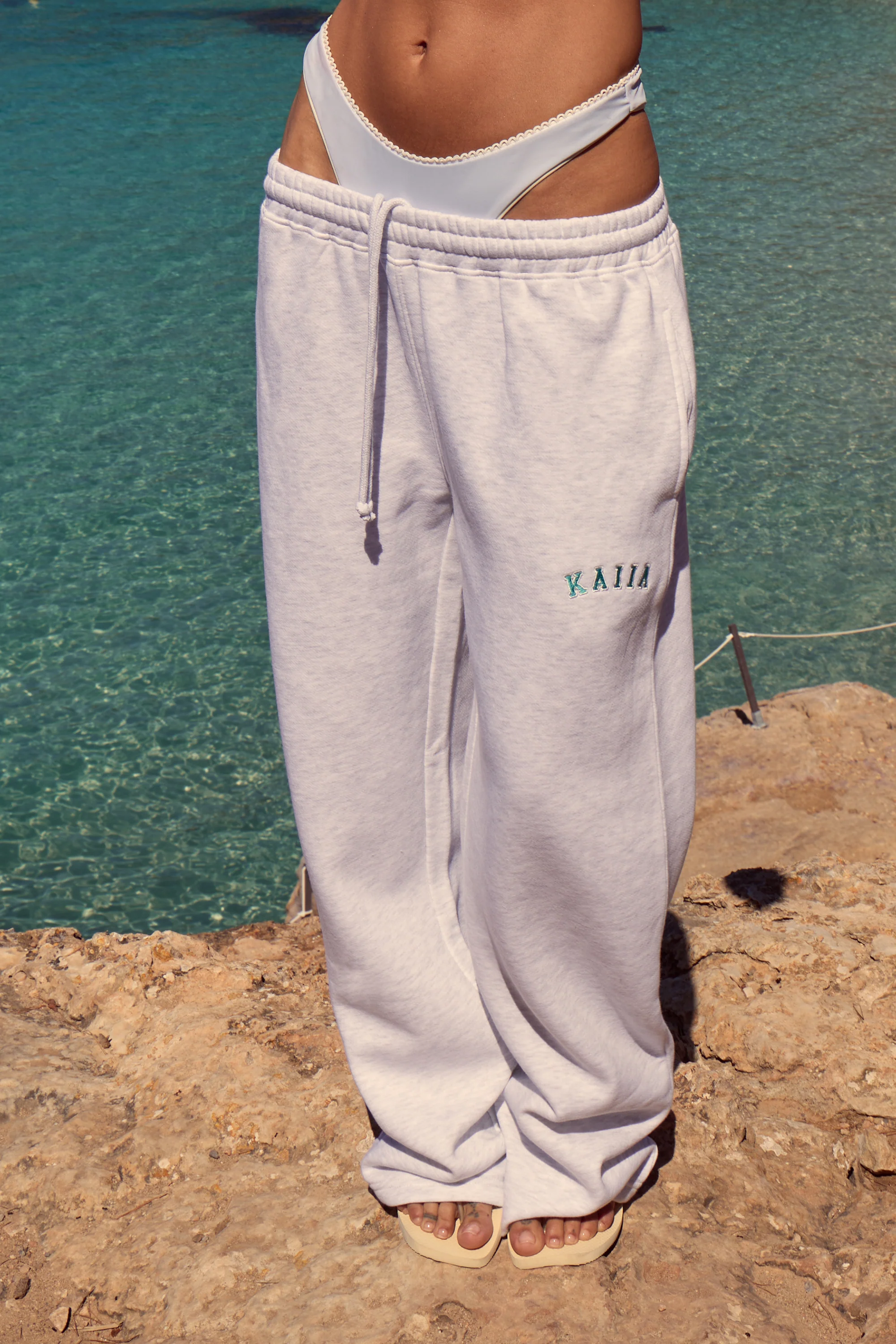 Kaiia Logo Wide Leg Joggers Light Grey Marl & Turquoise - Image 3