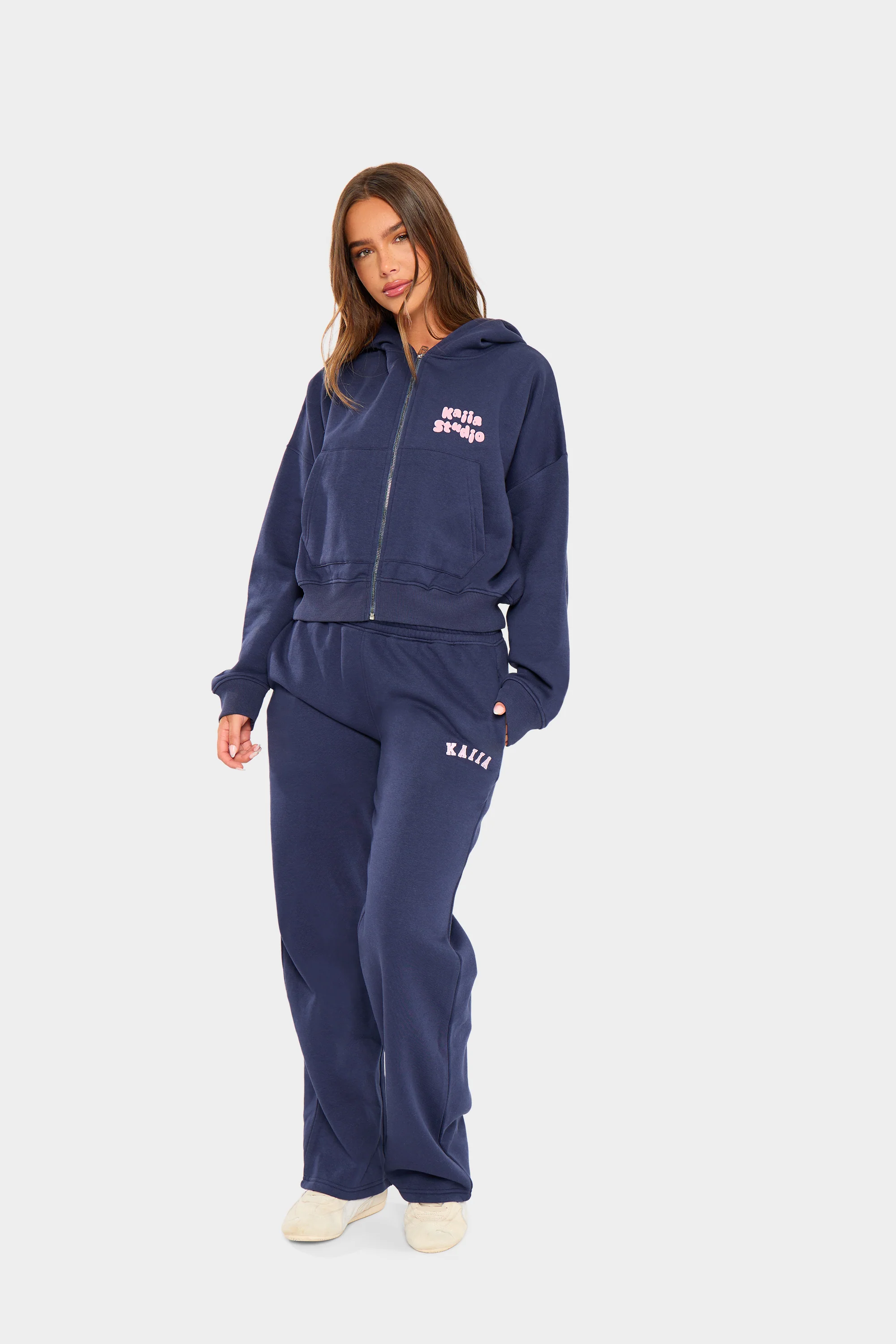 Kaiia Logo Wide Leg Joggers Navy & Pink - Image 9