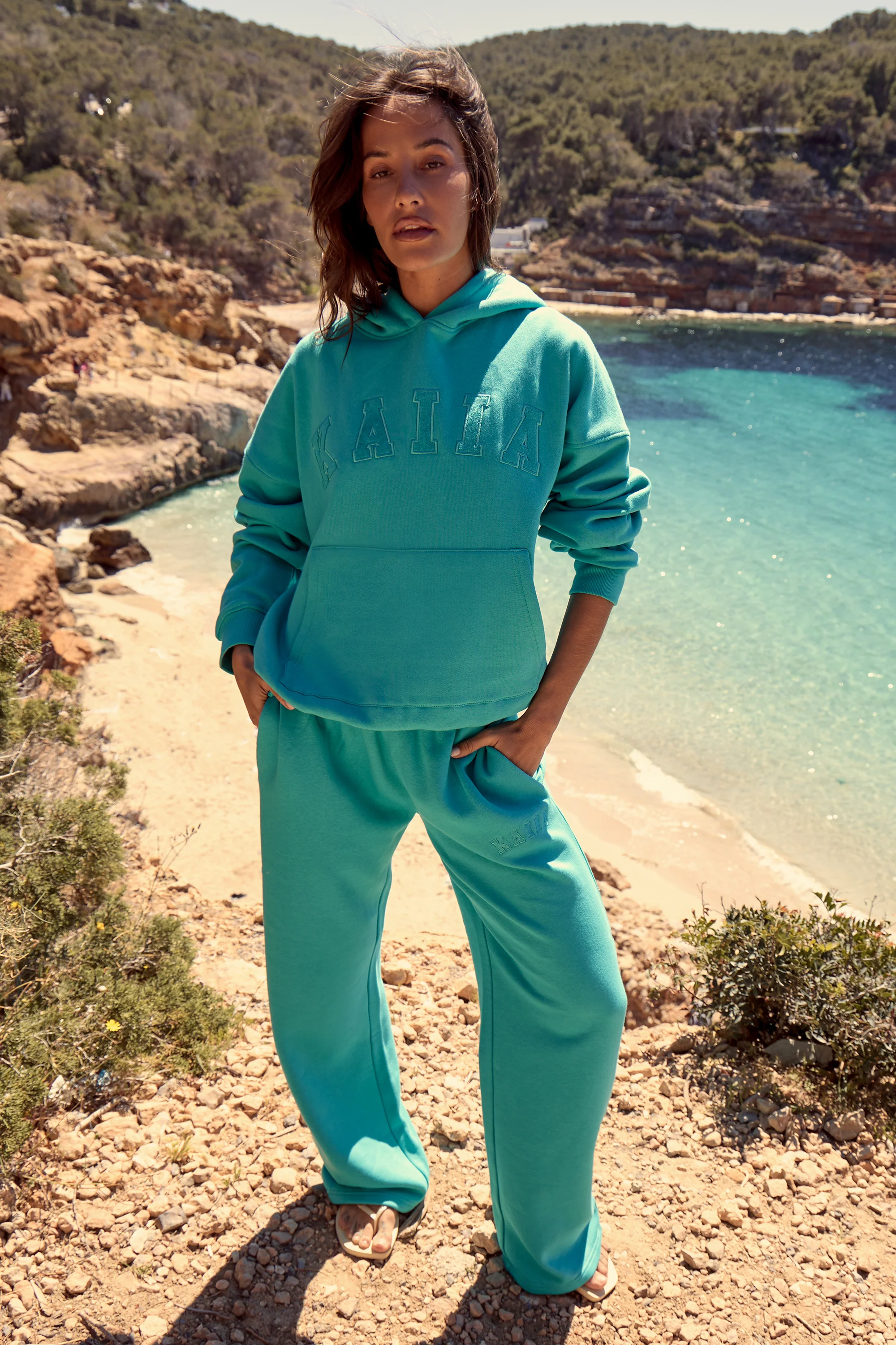 Kaiia Logo Wide Leg Joggers Turquoise